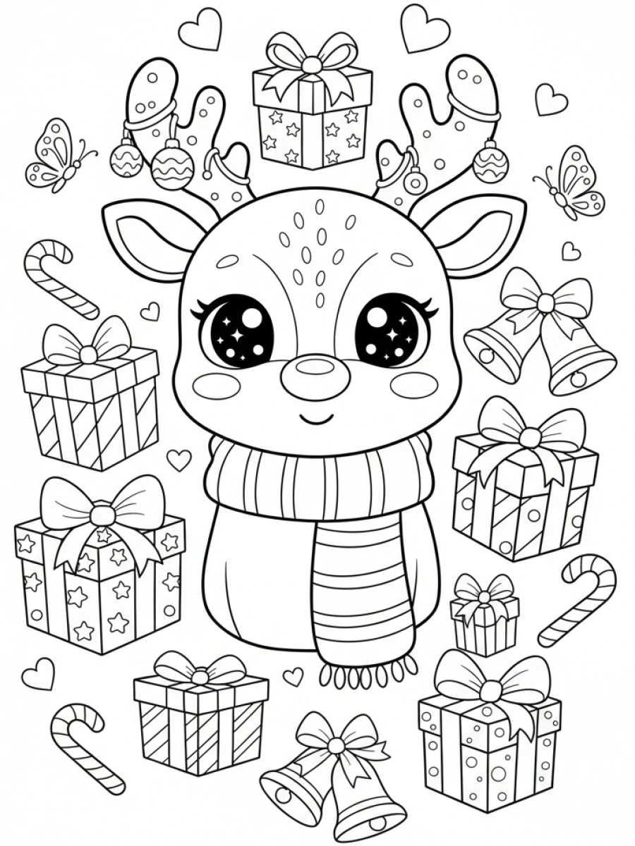 coloriage kawaii noël — Un renne kawaii au nez rouge avec une écharpe de Noël, entouré de cadeaux emballés, de clochettes et de cannes à sucre.