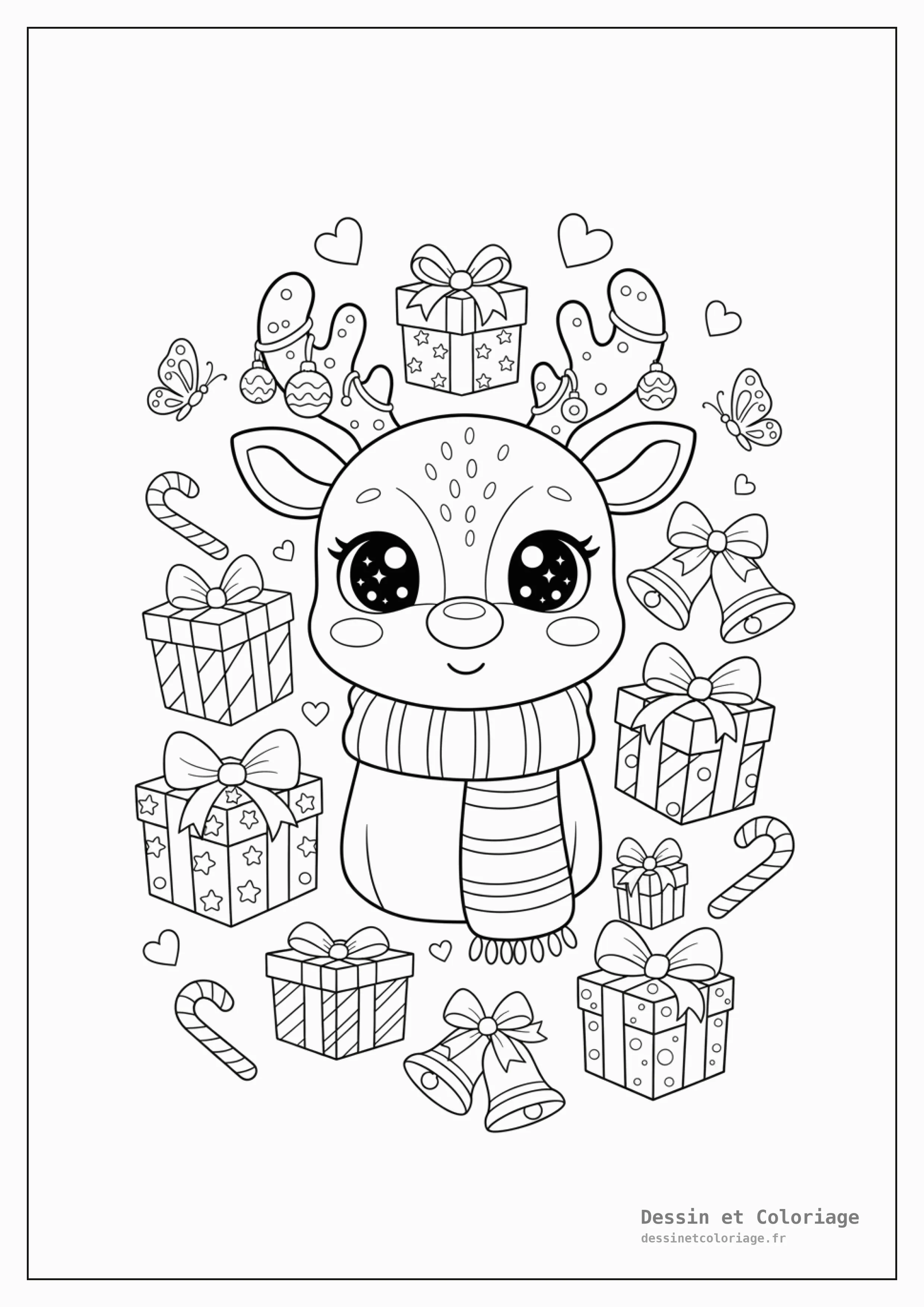 coloriage kawaii noël — Un renne kawaii au nez rouge avec une écharpe de Noël, entouré de cadeaux emballés, de clochettes et de cannes à sucre.