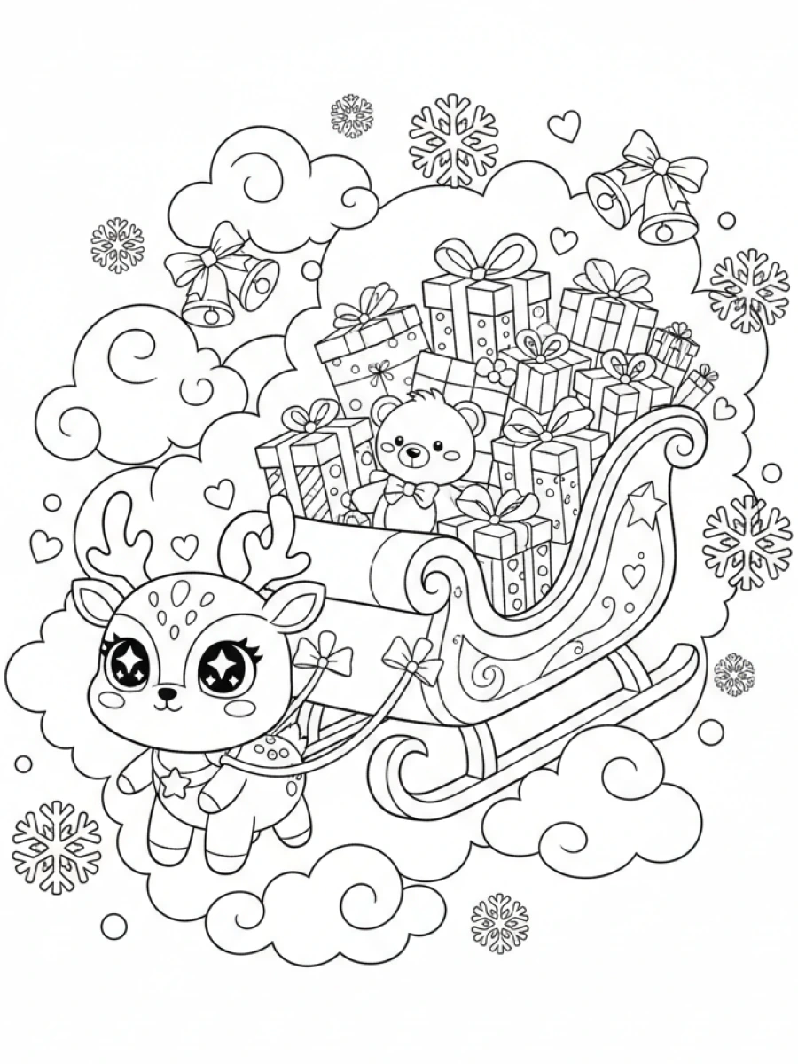 coloriage kawaii noël — Un traîneau kawaii rempli de cadeaux, tiré par un petit renne, entouré de nuages, de flocons de neige et de clochettes flottantes.