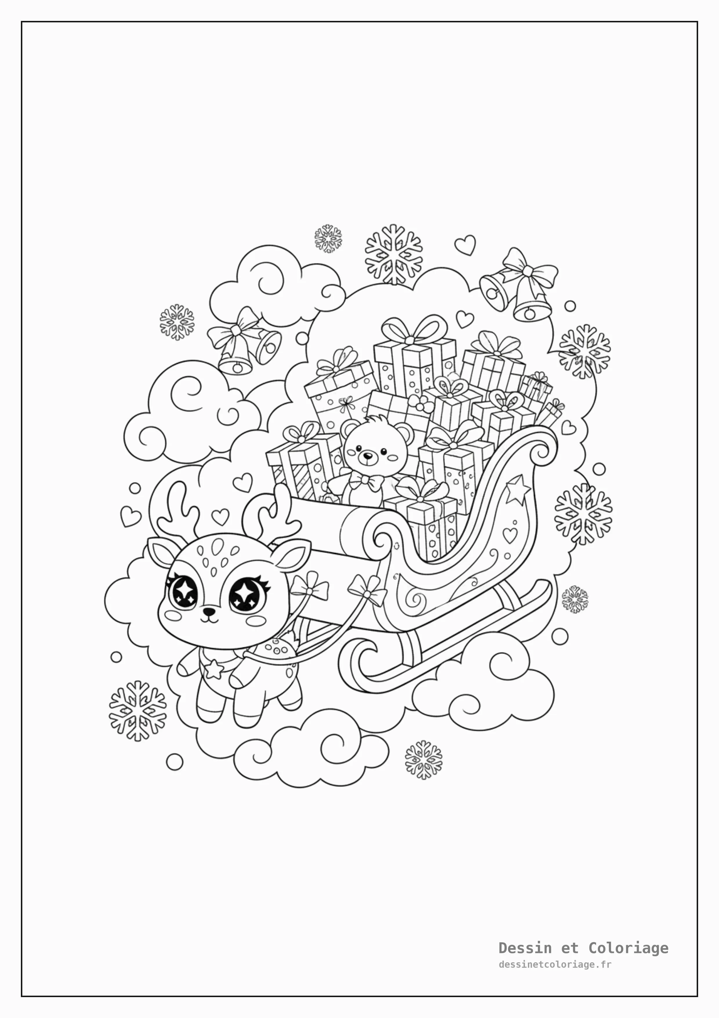 coloriage kawaii noël — Un traîneau kawaii rempli de cadeaux, tiré par un petit renne, entouré de nuages, de flocons de neige et de clochettes flottantes.