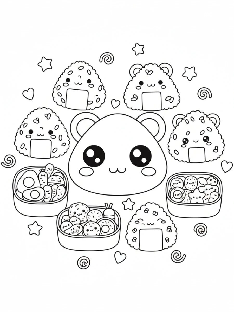 coloriage kawaii nourriture — Scène avec des onigiris et boîtes à bento kawaii, des visages mignons et des algues nori, décorés de petits points et vagues.