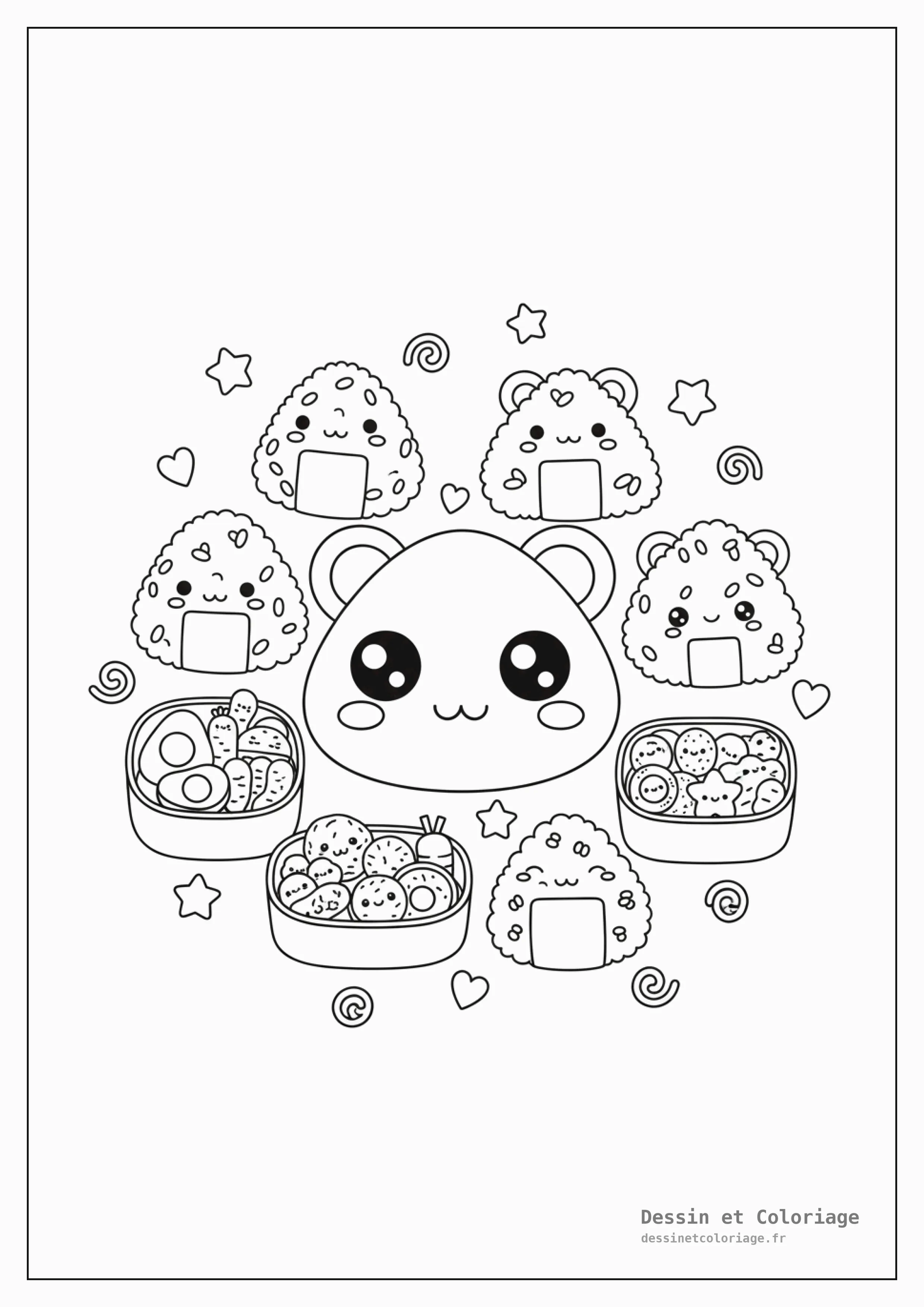 coloriage kawaii nourriture — Scène avec des onigiris et boîtes à bento kawaii, des visages mignons et des algues nori, décorés de petits points et vagues.