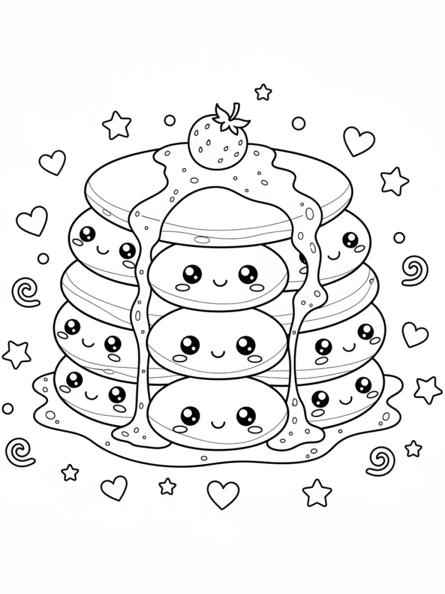 coloriage kawaii nourriture — Un groupe de pancakes kawaii empilés et souriants, avec du sirop et des petites baies décoratives.