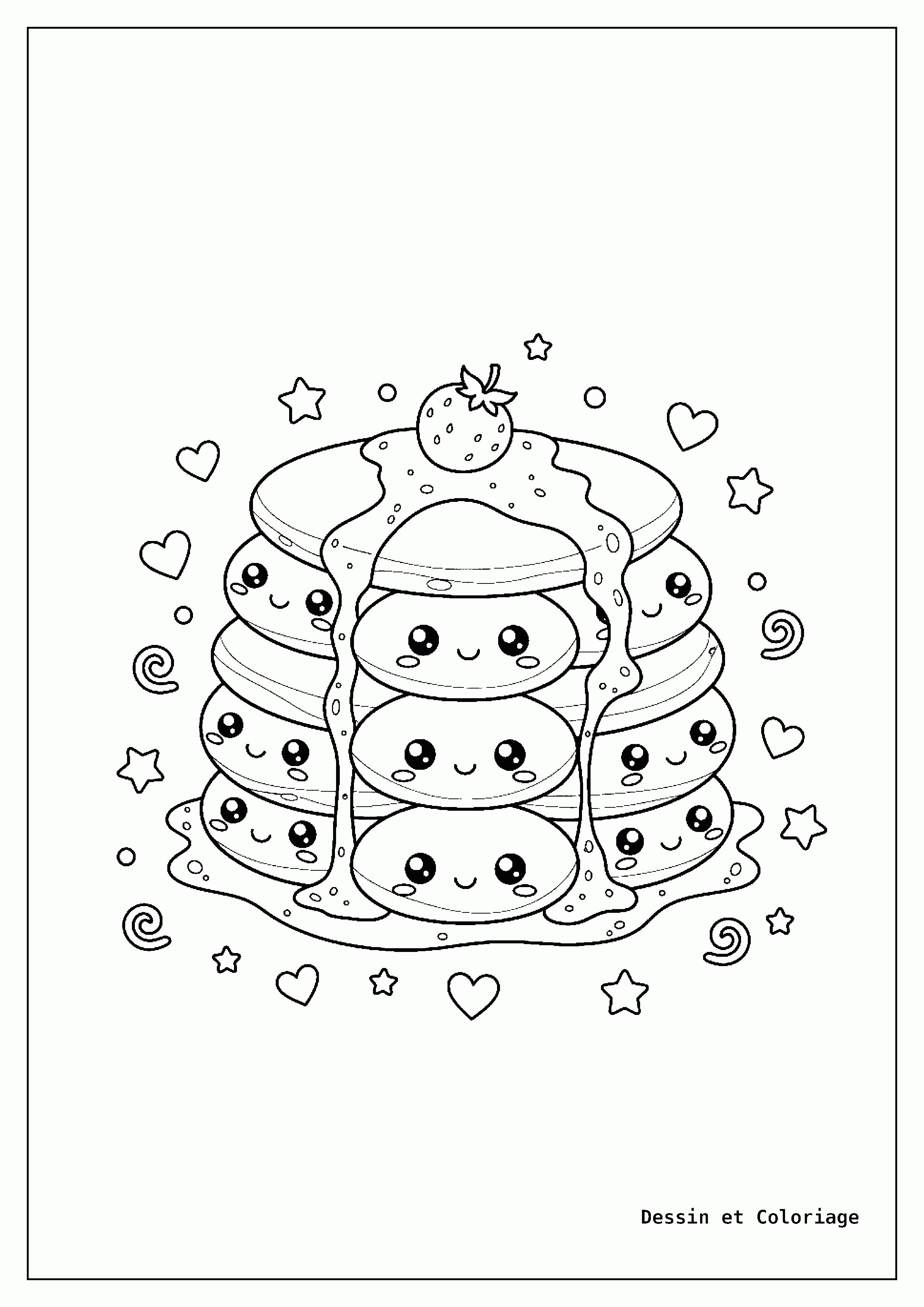 coloriage kawaii nourriture — Un groupe de pancakes kawaii empilés et souriants, avec du sirop et des petites baies décoratives.