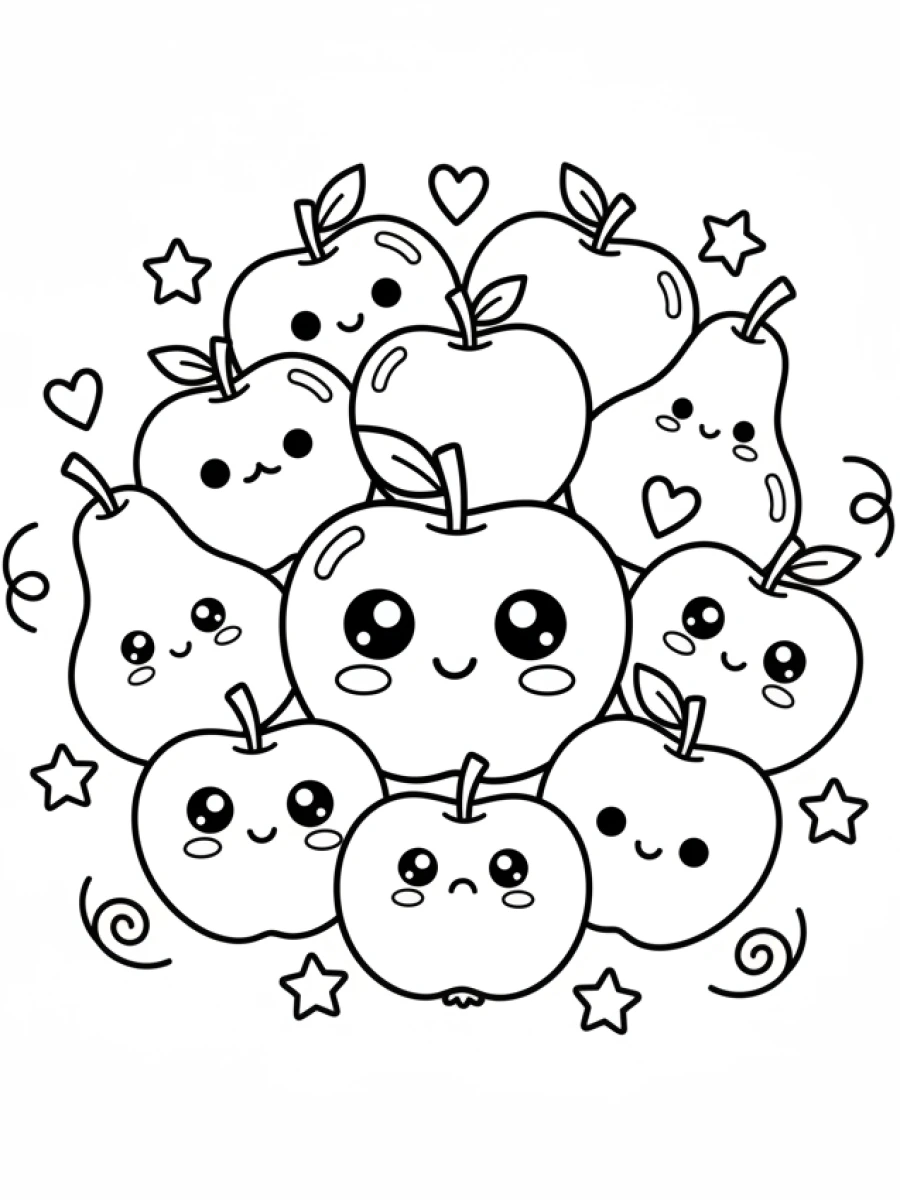coloriage kawaii nourriture — Un groupe de pommes et de poires kawaii avec des visages joyeux, des feuilles et des tiges, entourées de petites étoiles.