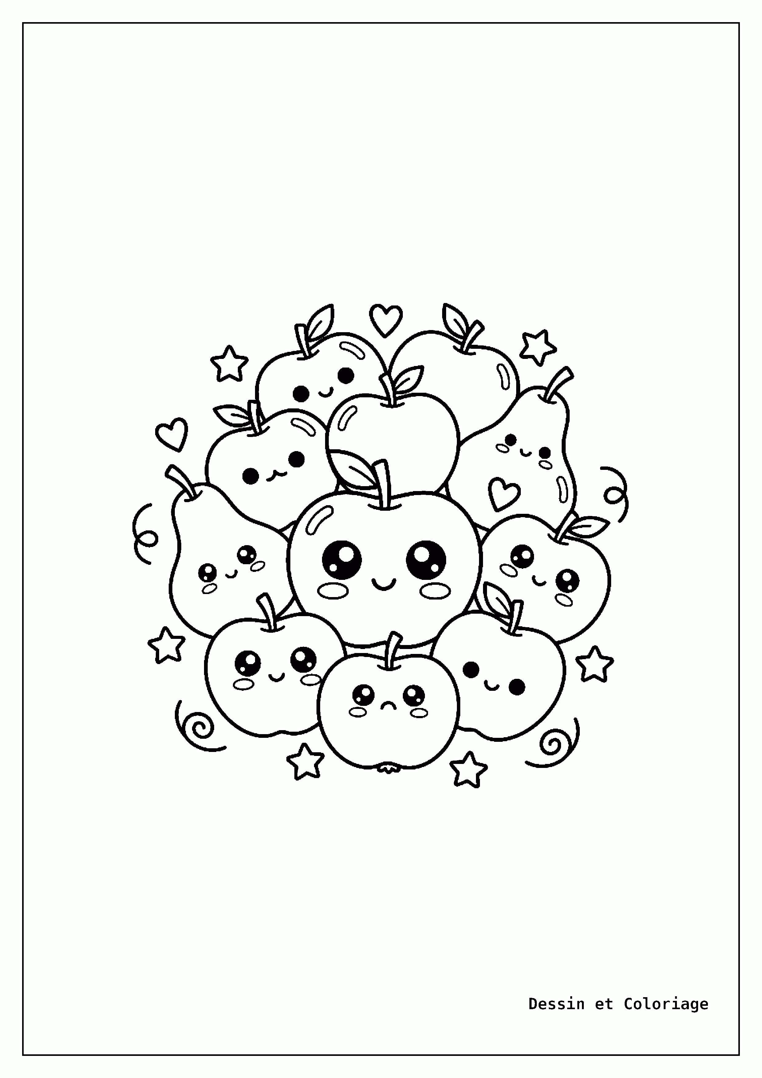 coloriage kawaii nourriture — Un groupe de pommes et de poires kawaii avec des visages joyeux, des feuilles et des tiges, entourées de petites étoiles.
