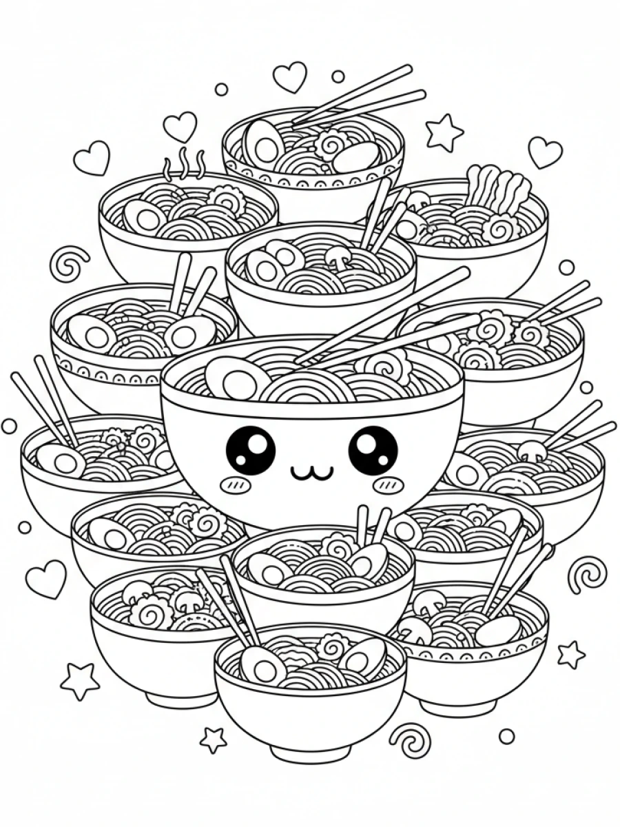 coloriage kawaii nourriture — Des bols de ramen et des plats de nouilles kawaii, fumants et souriants, avec des baguettes et des garnitures variées, entourés de spirales.