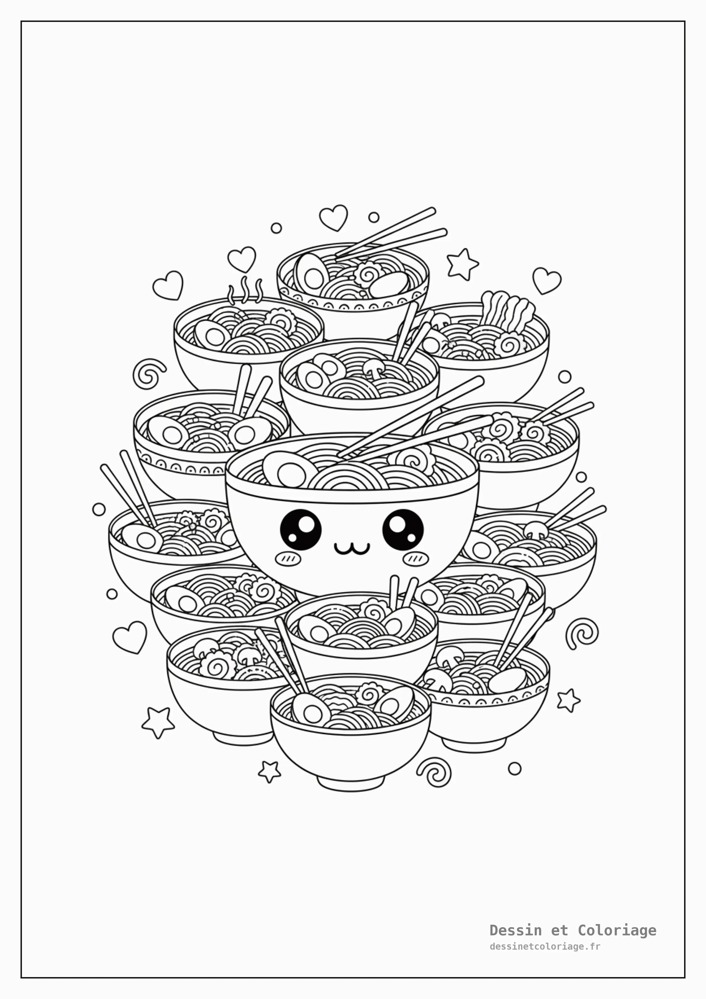coloriage kawaii nourriture — Des bols de ramen et des plats de nouilles kawaii, fumants et souriants, avec des baguettes et des garnitures variées, entourés de spirales.
