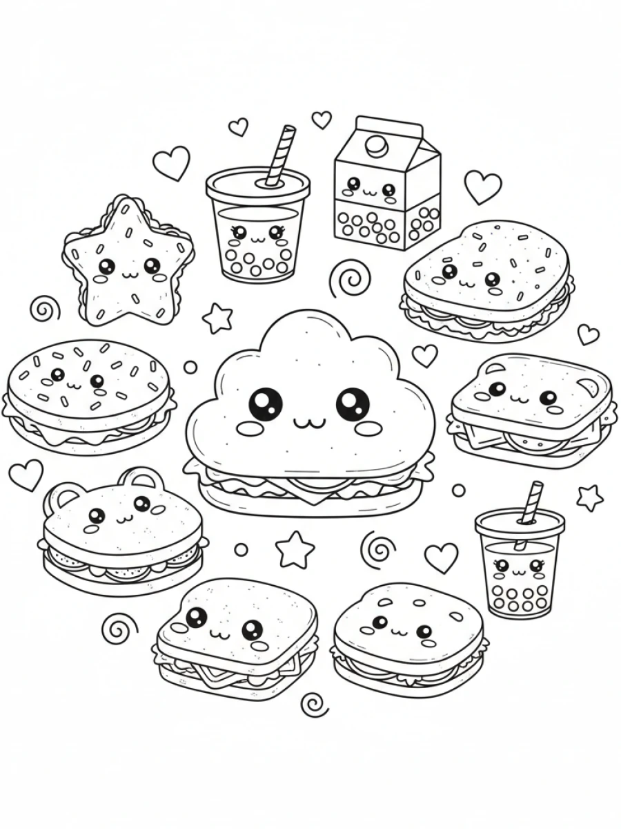 coloriage kawaii nourriture — Une variété de sandwichs et de boissons kawaii, avec des garnitures souriantes et des pailles colorées, entourés de petites bulles.