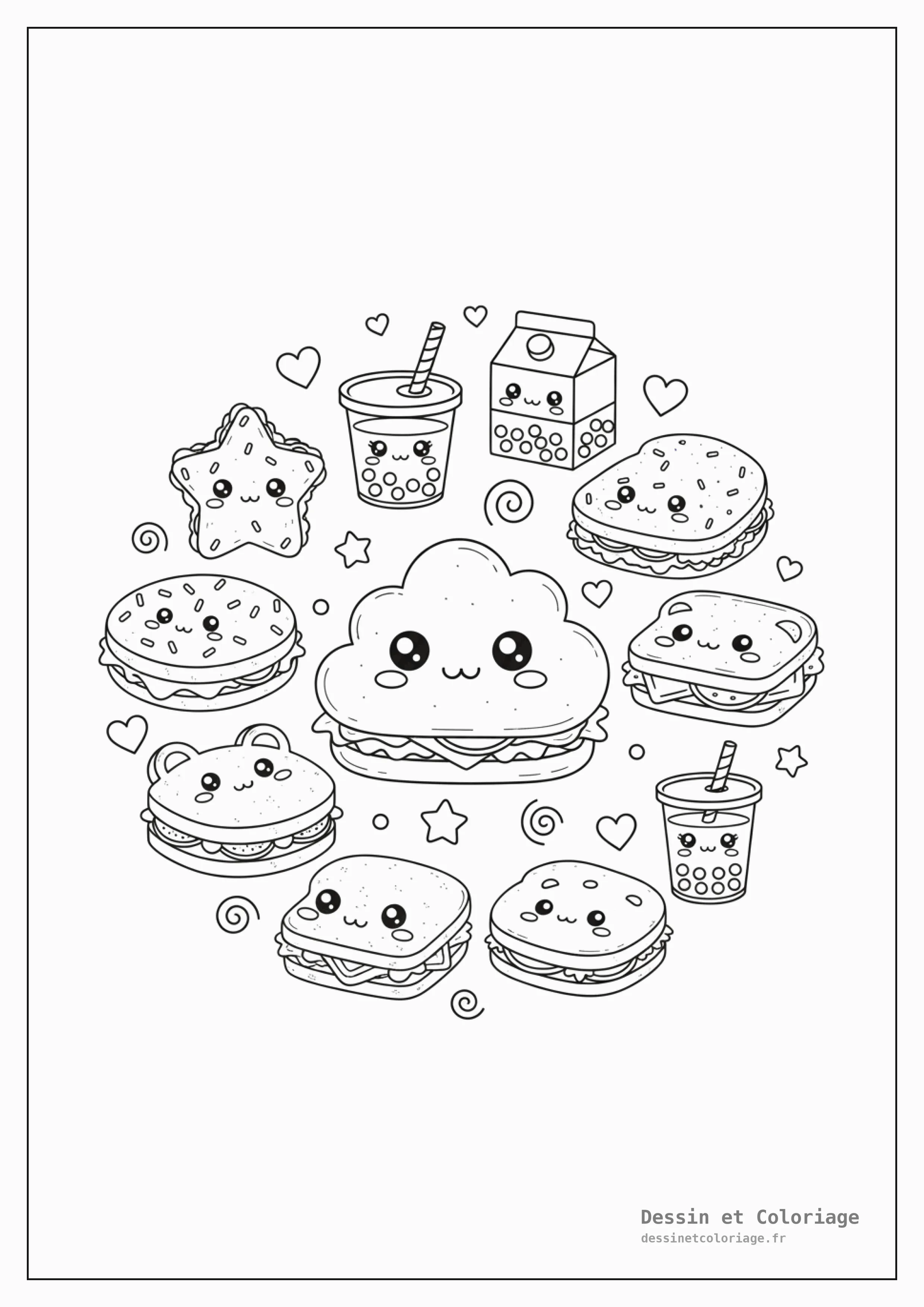 coloriage kawaii nourriture — Une variété de sandwichs et de boissons kawaii, avec des garnitures souriantes et des pailles colorées, entourés de petites bulles.