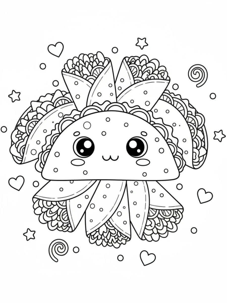 coloriage kawaii nourriture — Assortiment de tacos et burritos kawaii avec des garnitures souriantes, des yeux ronds et des joues rougies, accompagnés de petites flammes.