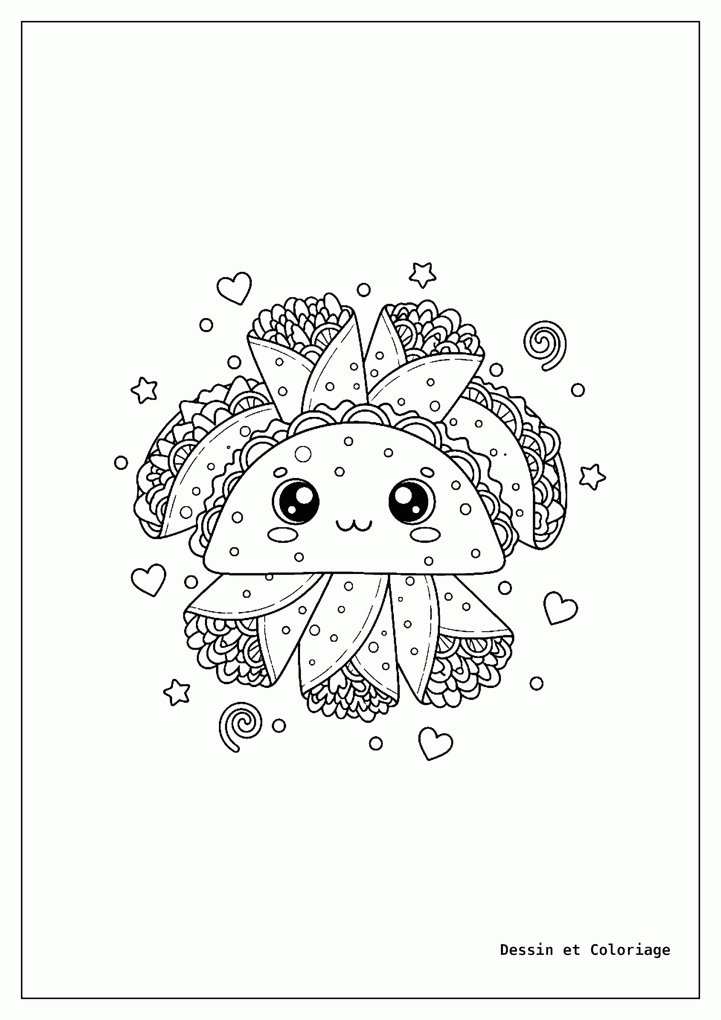 coloriage kawaii nourriture — Assortiment de tacos et burritos kawaii avec des garnitures souriantes, des yeux ronds et des joues rougies, accompagnés de petites flammes.
