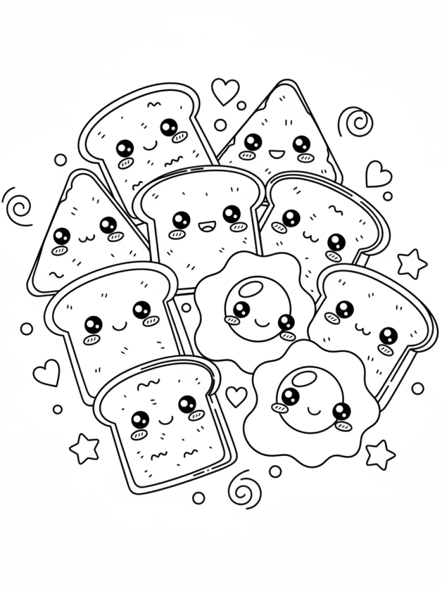 coloriage kawaii nourriture — Un plateau de toasts et d'œufs au plat kawaii, avec des yeux ronds, des sourires, et des petits cœurs flottant autour.