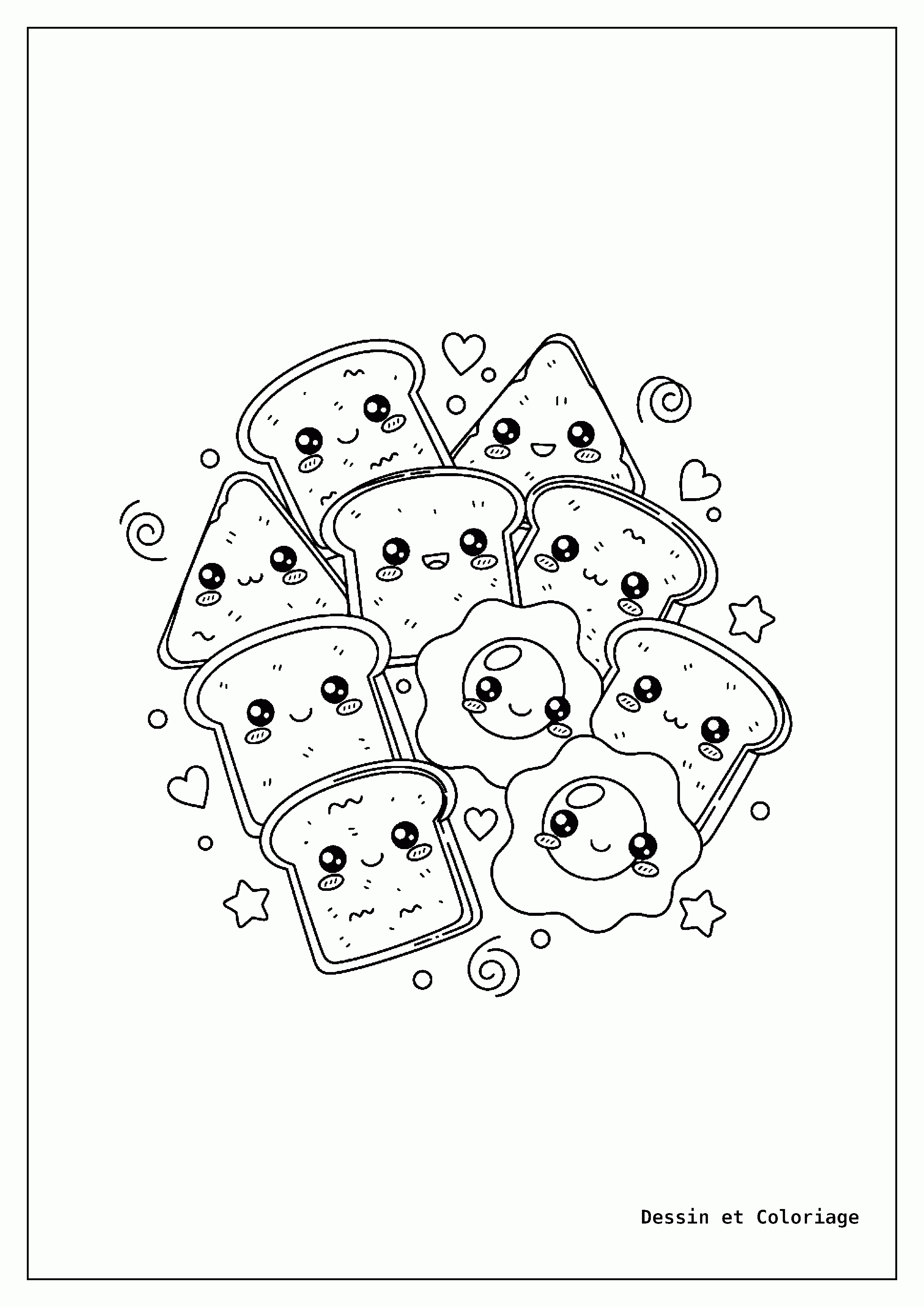 coloriage kawaii nourriture — Un plateau de toasts et d'œufs au plat kawaii, avec des yeux ronds, des sourires, et des petits cœurs flottant autour.