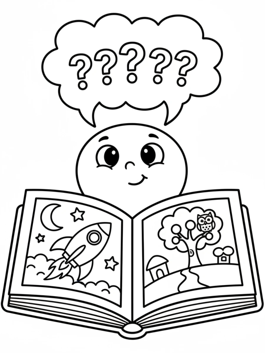 coloriage kawaii facile — Un livre ouvert avec un visage pensif et une bulle de pensée vide, invitant à la lecture.