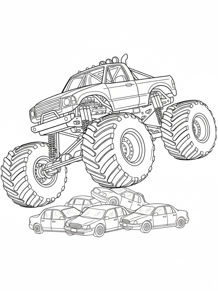 coloriage camion — Monster truck avec des roues gigantesques et une carrosserie musclée, défiant les obstacles.