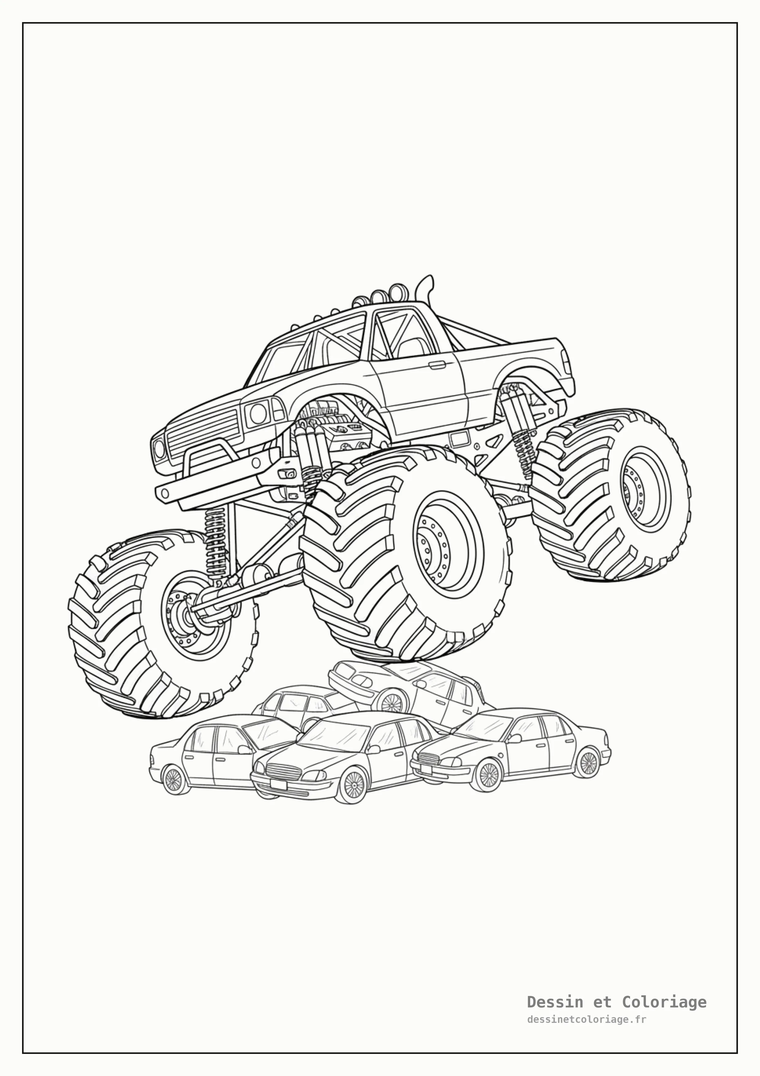 coloriage camion — Monster truck avec des roues gigantesques et une carrosserie musclée, défiant les obstacles.