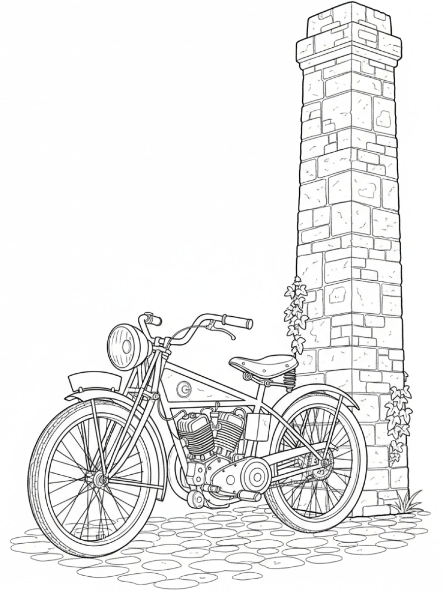 coloriage moto — Moto ancienne avec un grand phare, garée près d'une cheminée en briques.