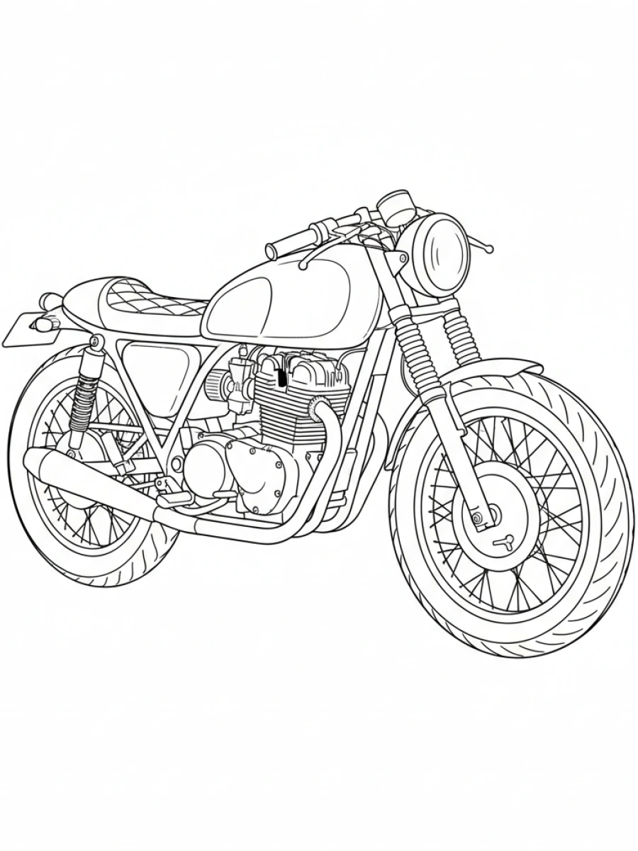 coloriage moto — Moto café racer de style rétro avec un siège unique et un guidon bas, vue de côté.
