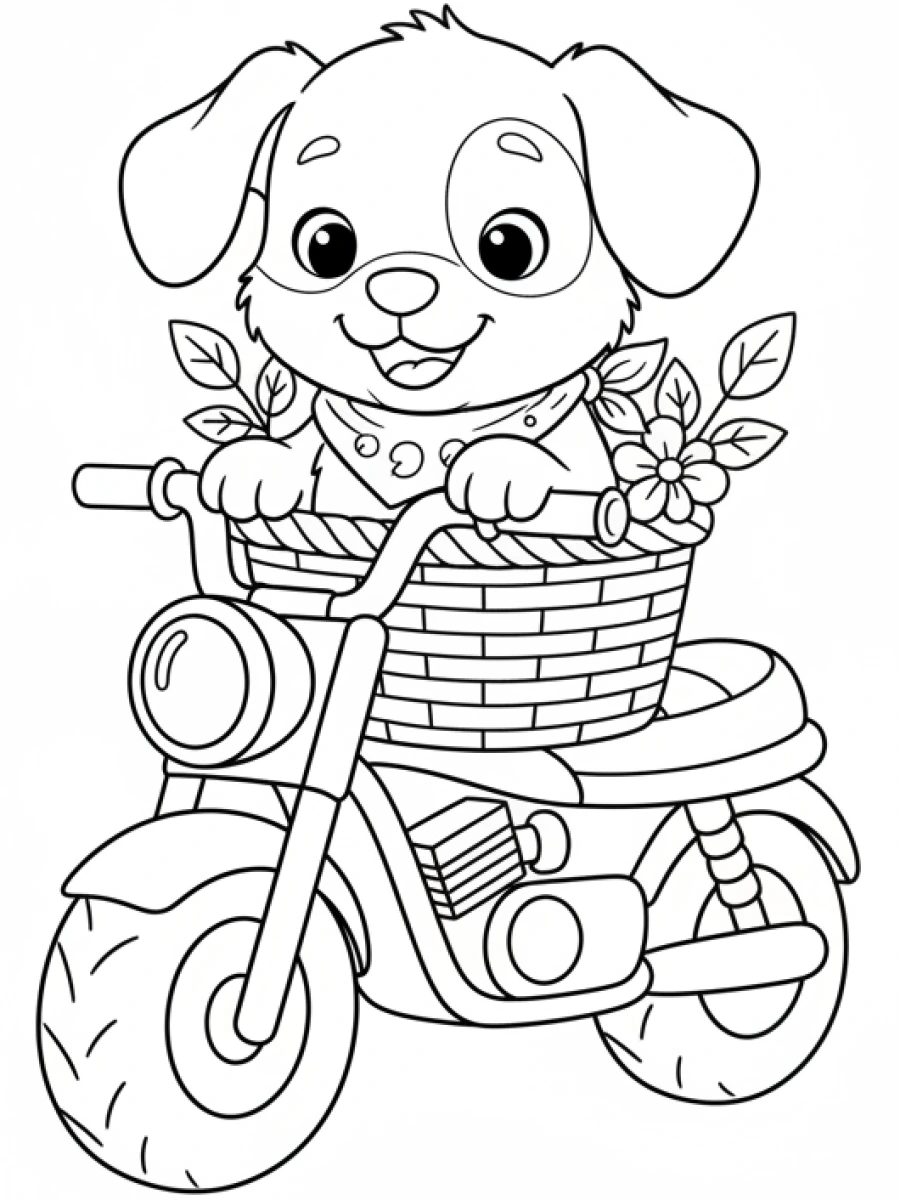 coloriage moto — Un chien mignon est assis dans un panier fixé à l'avant d'une petite moto.
