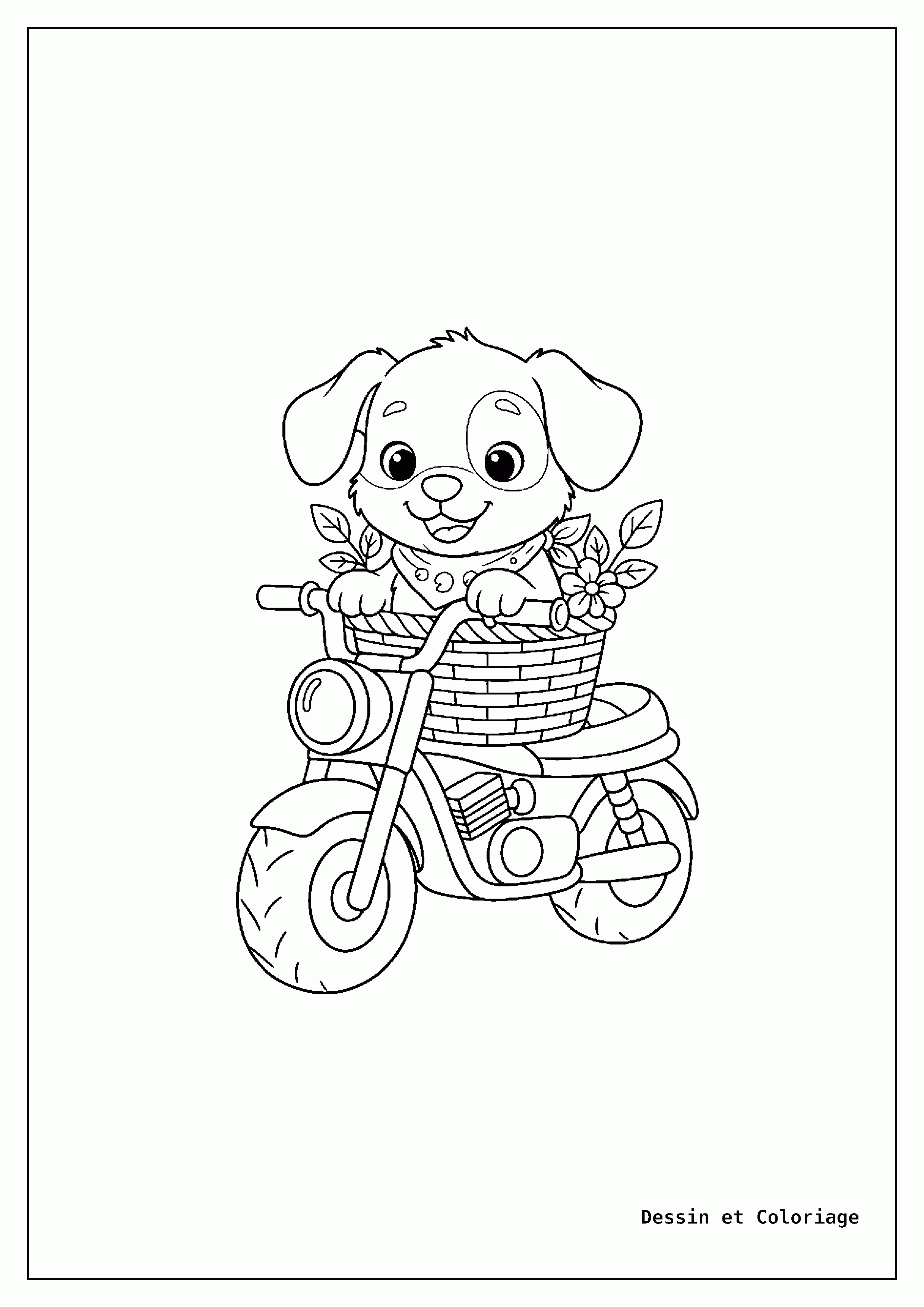 coloriage moto — Un chien mignon est assis dans un panier fixé à l'avant d'une petite moto.