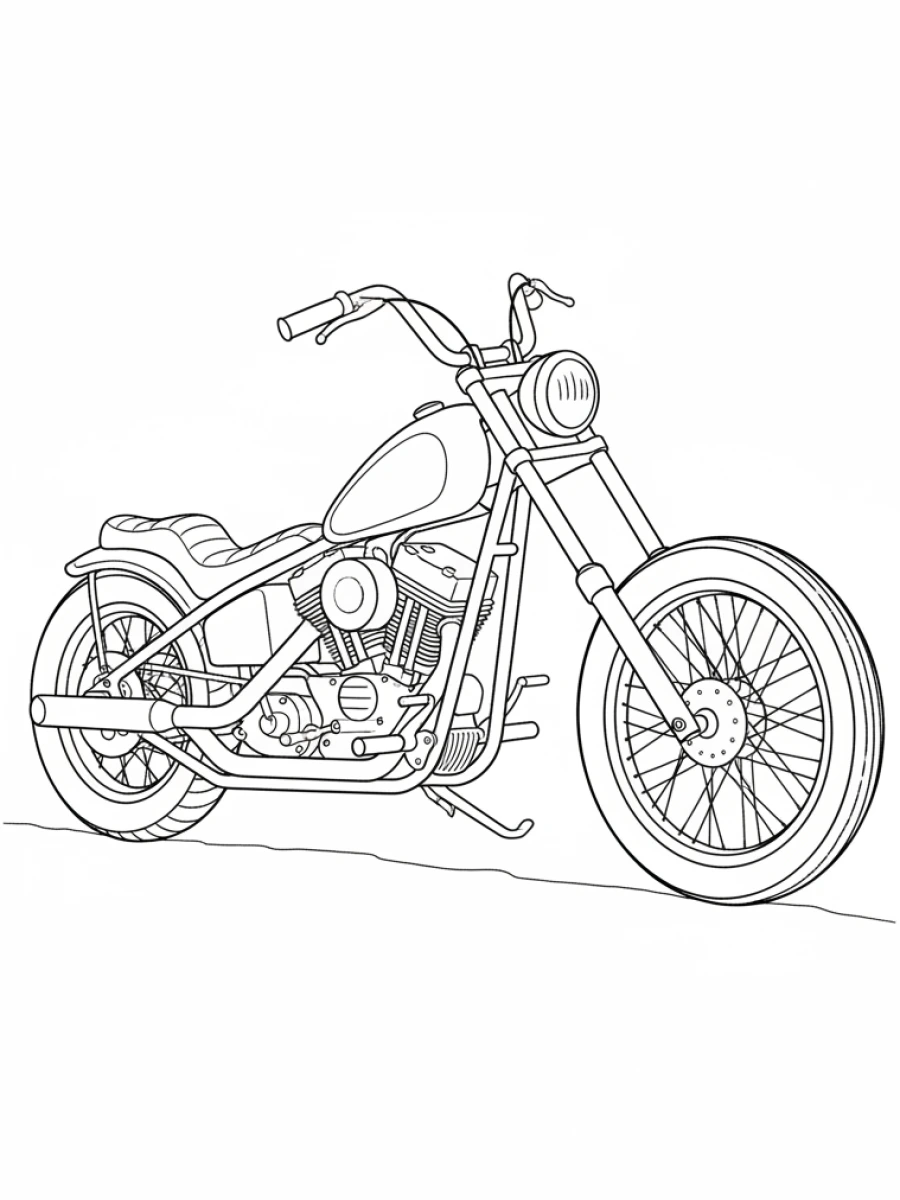 coloriage moto — Une moto chopper avec un grand guidon se tient immobile.
