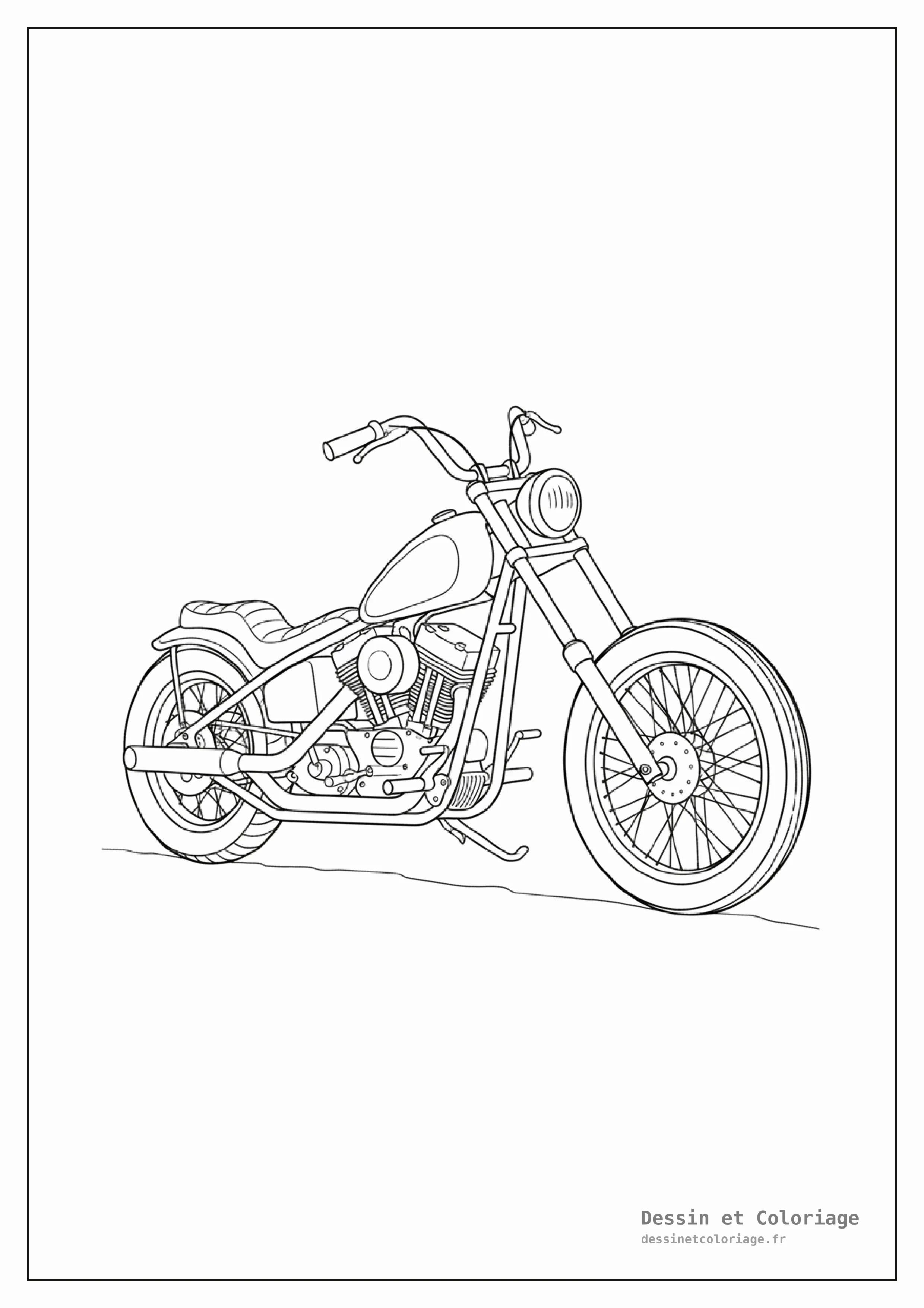 coloriage moto — Une moto chopper avec un grand guidon se tient immobile.