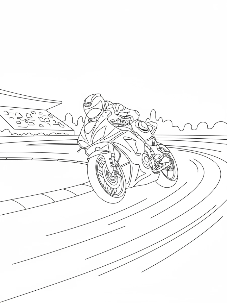 coloriage moto — Une moto de course s'incline dans un virage serré sur une piste.