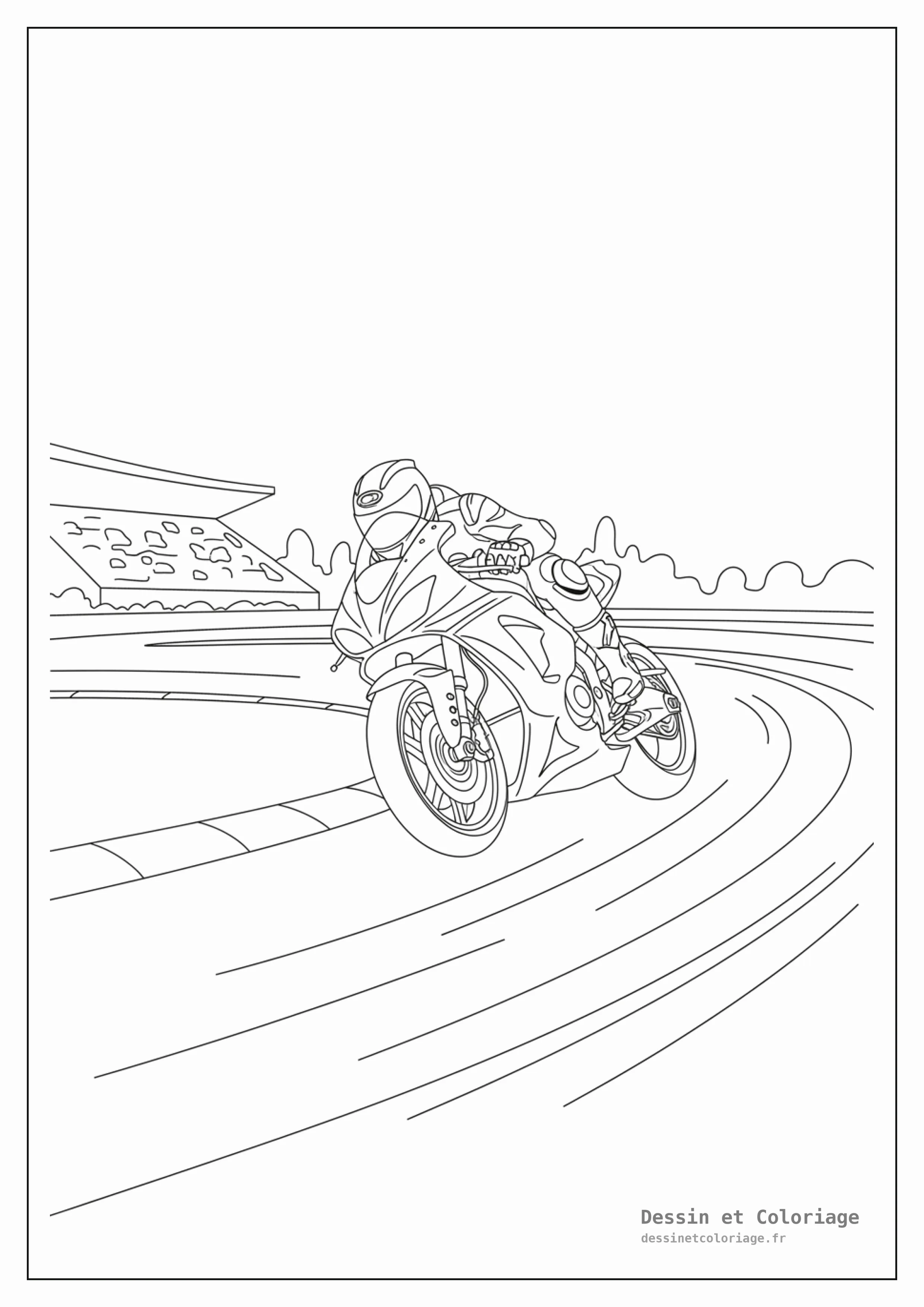 coloriage moto — Une moto de course s'incline dans un virage serré sur une piste.