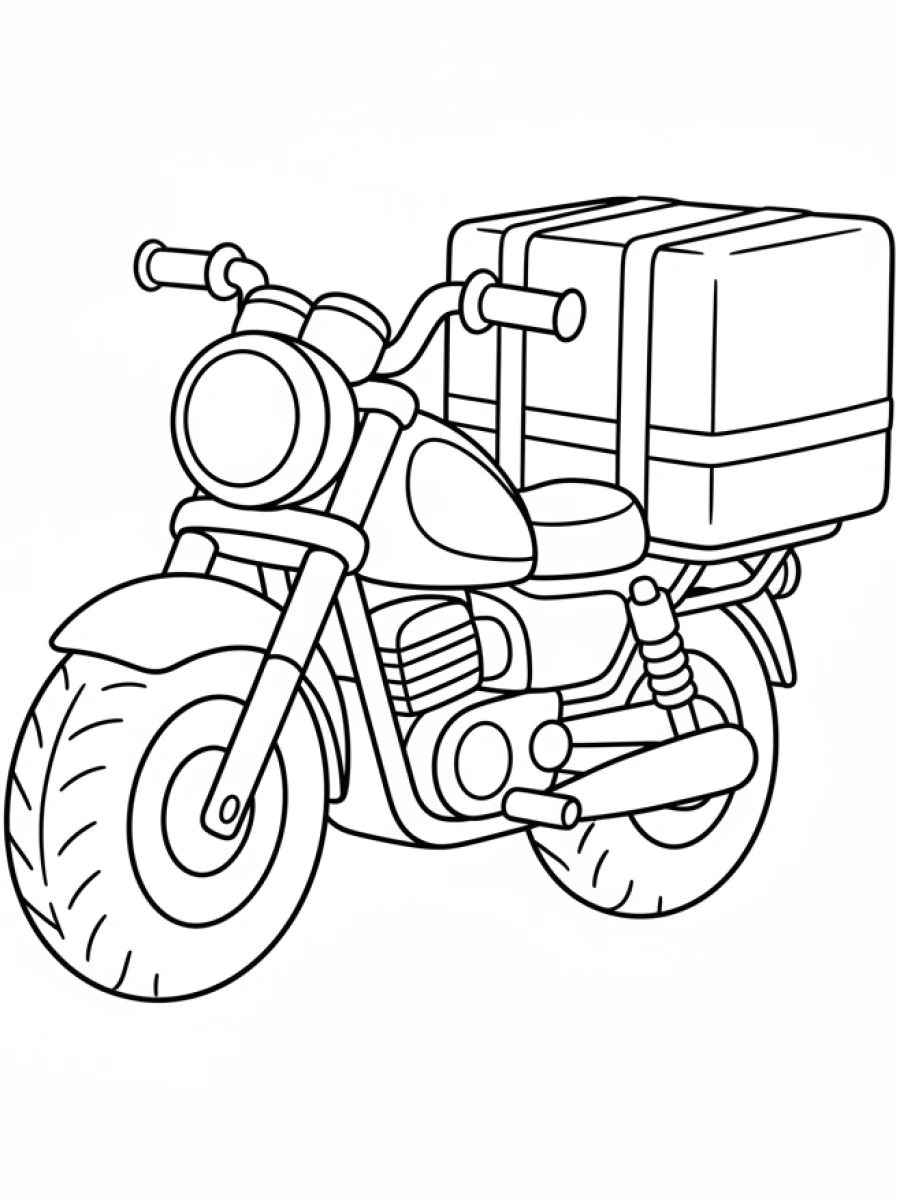 coloriage moto — Moto de livraison transportant une grande boîte à l'arrière, sur un porte-bagages.