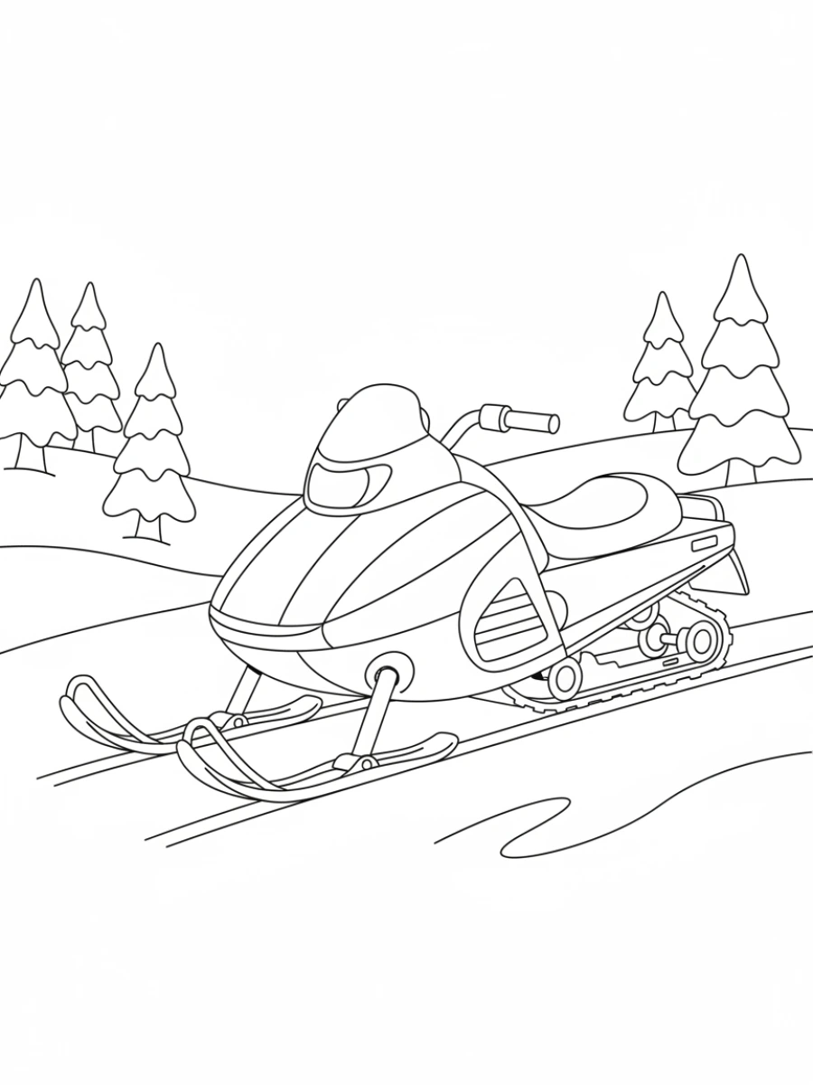 coloriage moto — Motoneige avec des patins à l'avant, évoluant dans un paysage enneigé.