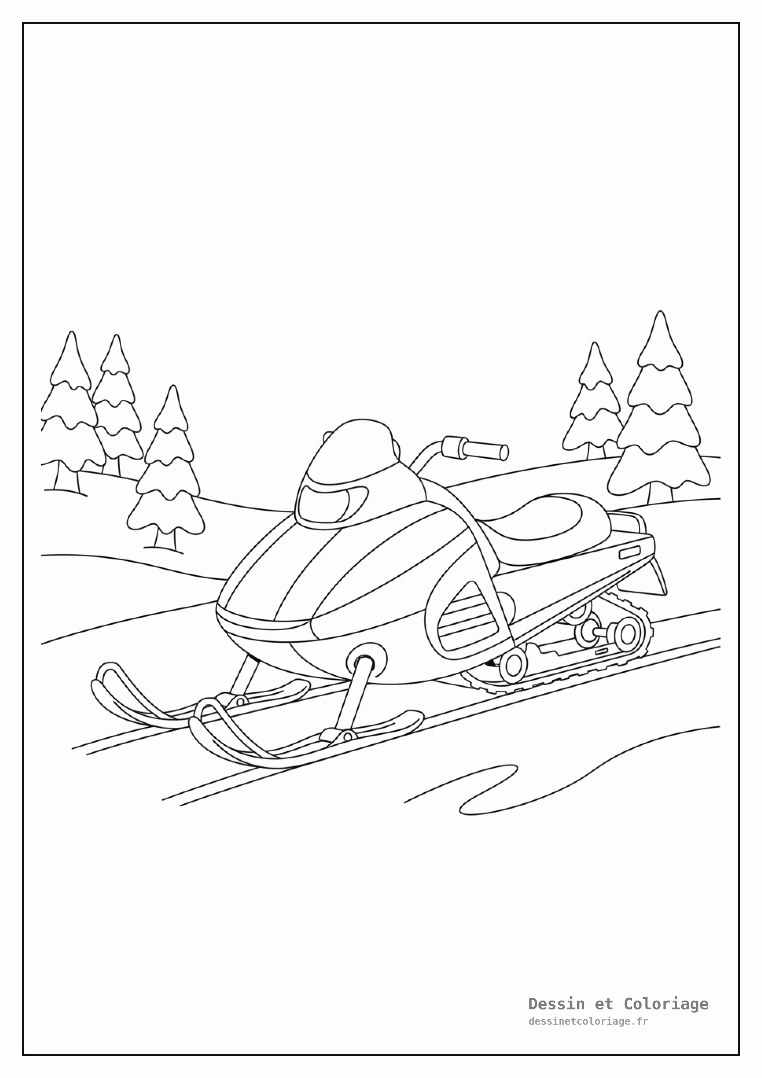 coloriage moto — Motoneige avec des patins à l'avant, évoluant dans un paysage enneigé.