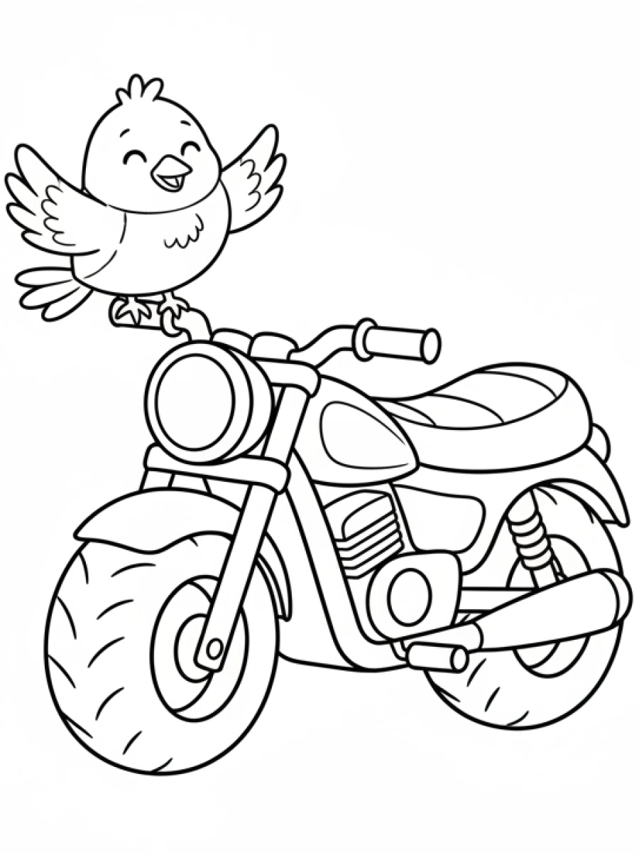 coloriage moto — Un petit oiseau est perché sur le guidon d'une moto joyeuse.