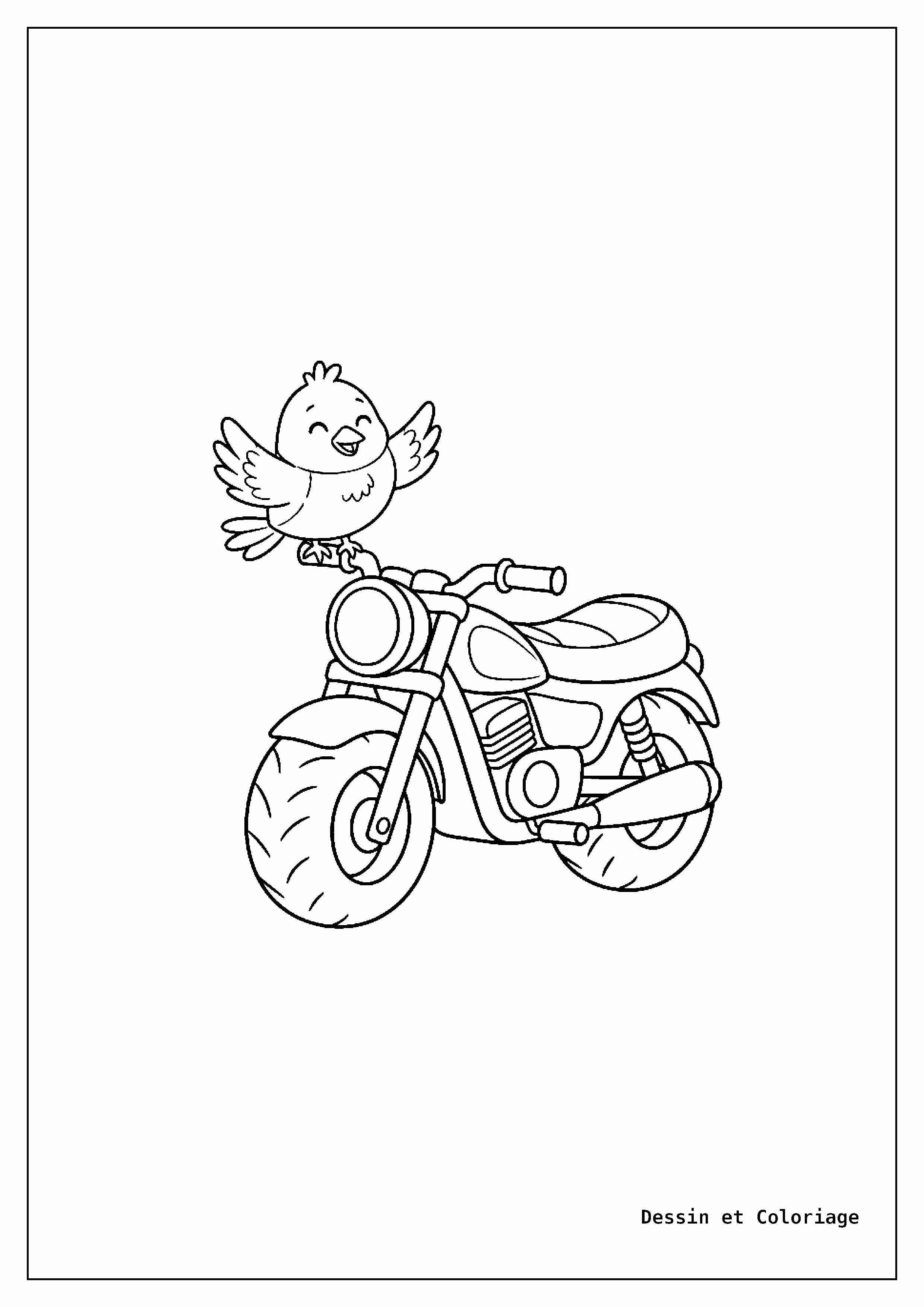 coloriage moto — Un petit oiseau est perché sur le guidon d'une moto joyeuse.