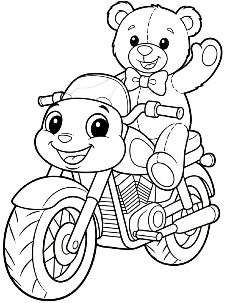 coloriage moto — Un ours en peluche sourit assis sur une moto, les mains sur le guidon.