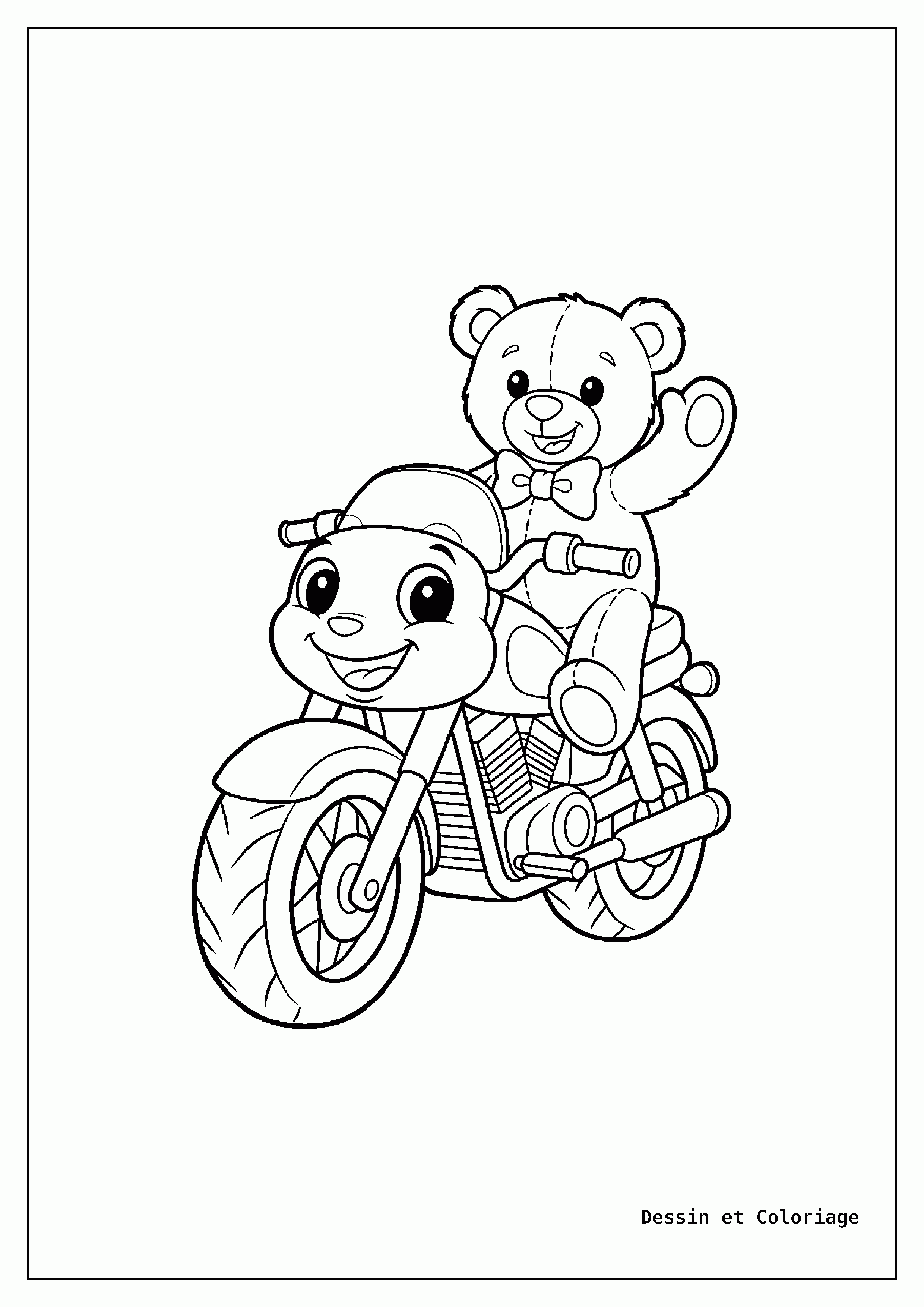 coloriage moto — Un ours en peluche sourit assis sur une moto, les mains sur le guidon.