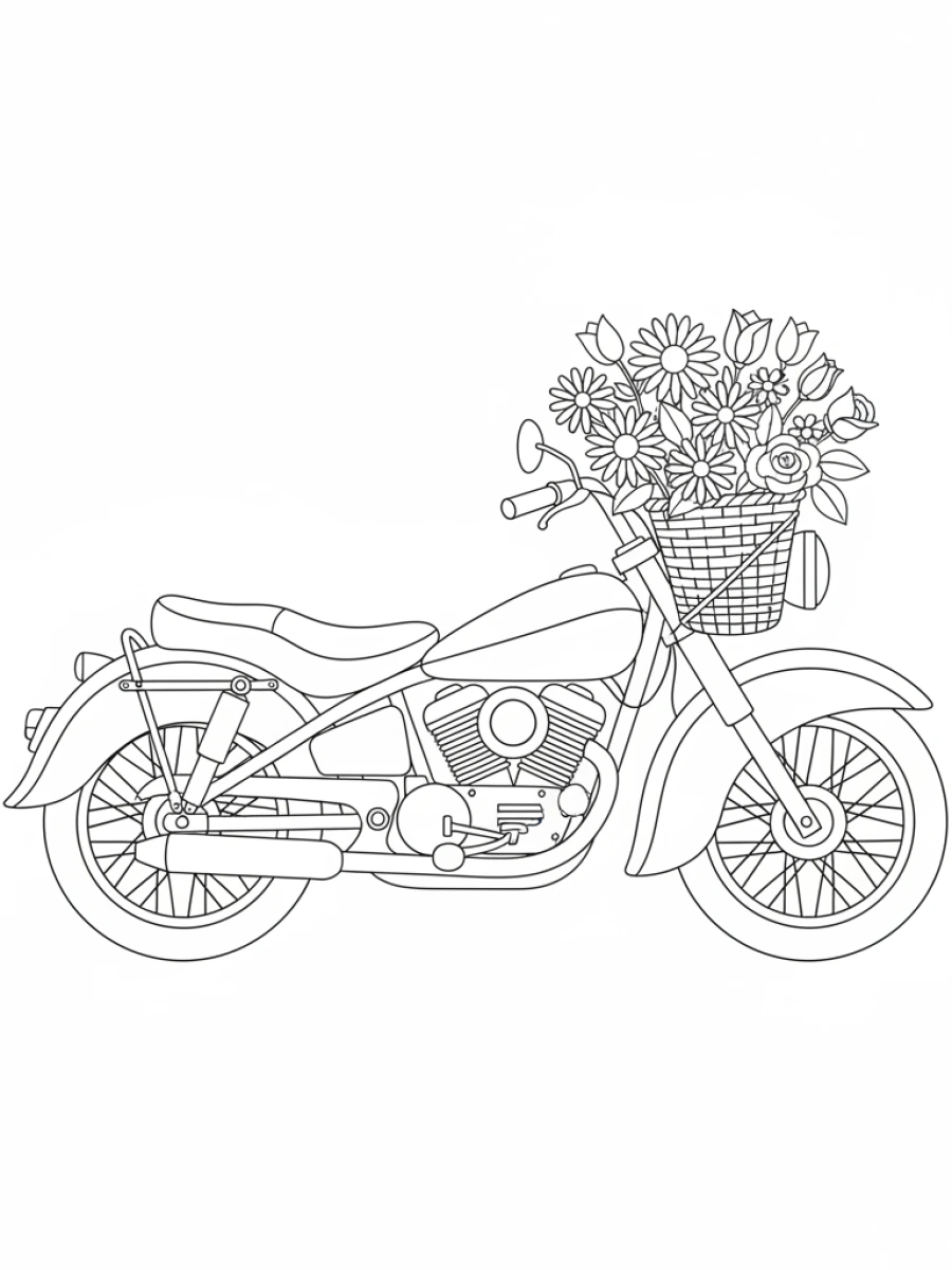 coloriage moto — Moto avec un panier de fleurs à l'avant, pour une balade printanière.