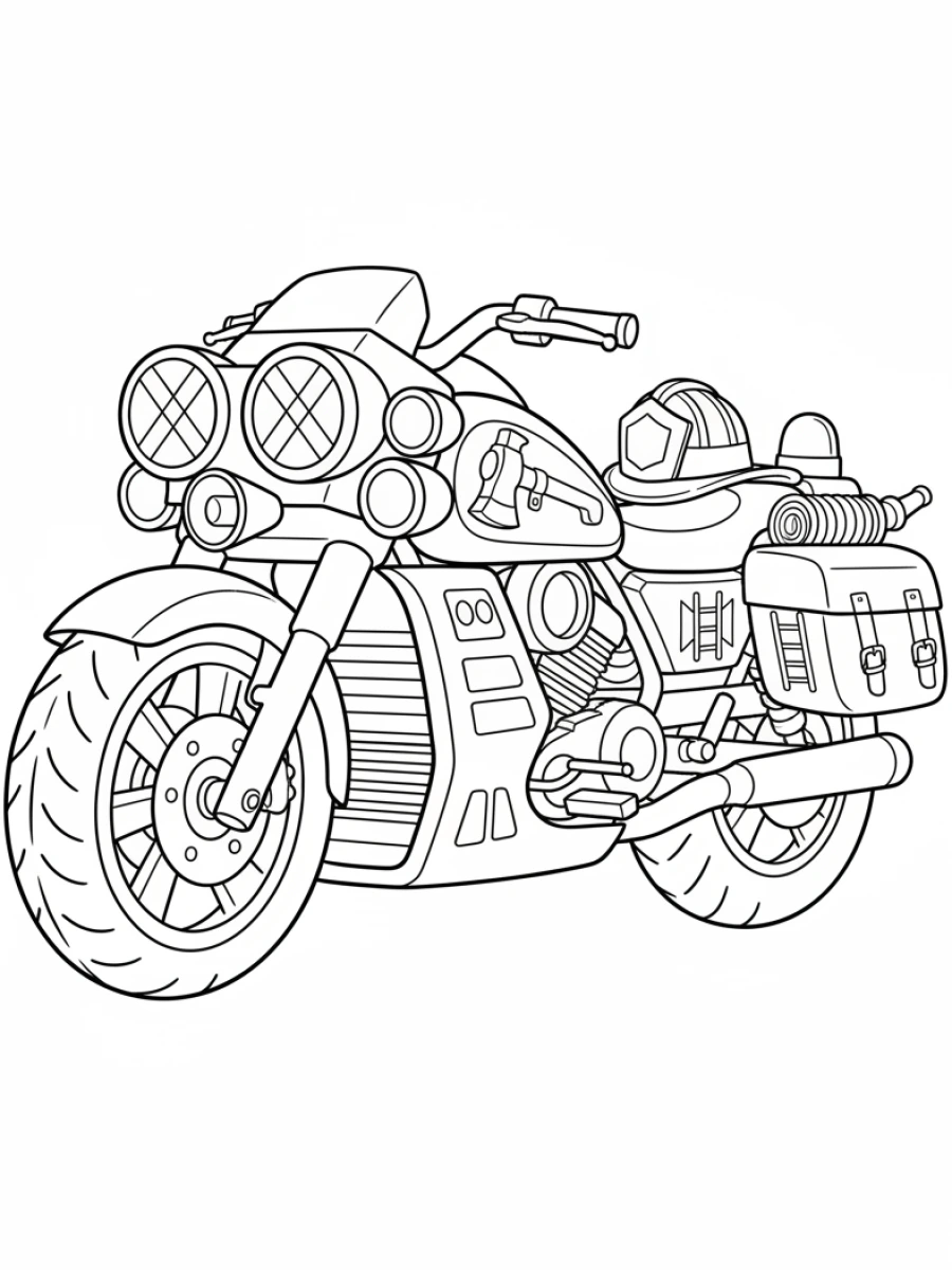 coloriage moto — Moto de pompier avec des lumières d'urgence et du matériel de secours, en pleine action.