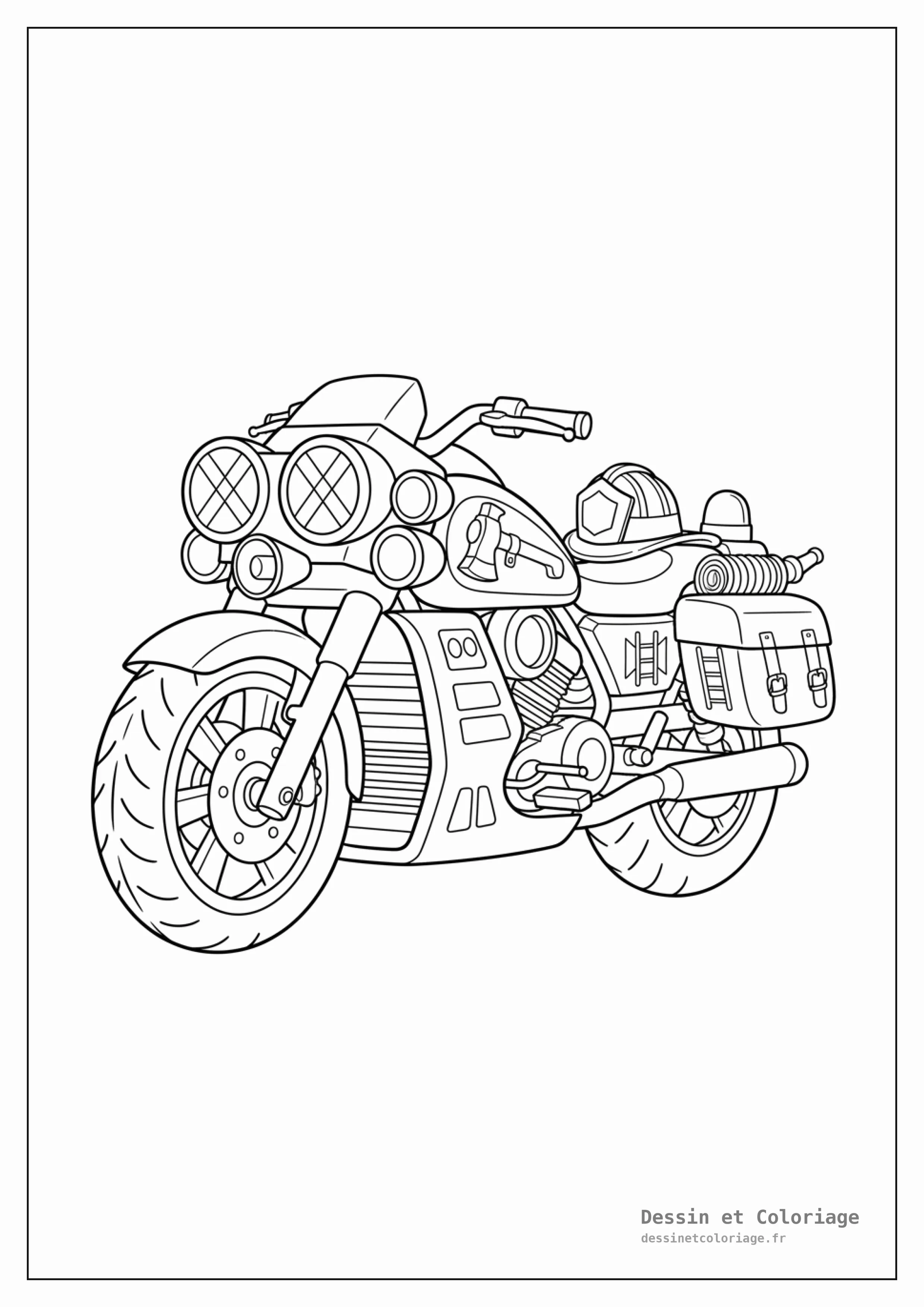 coloriage moto — Moto de pompier avec des lumières d'urgence et du matériel de secours, en pleine action.
