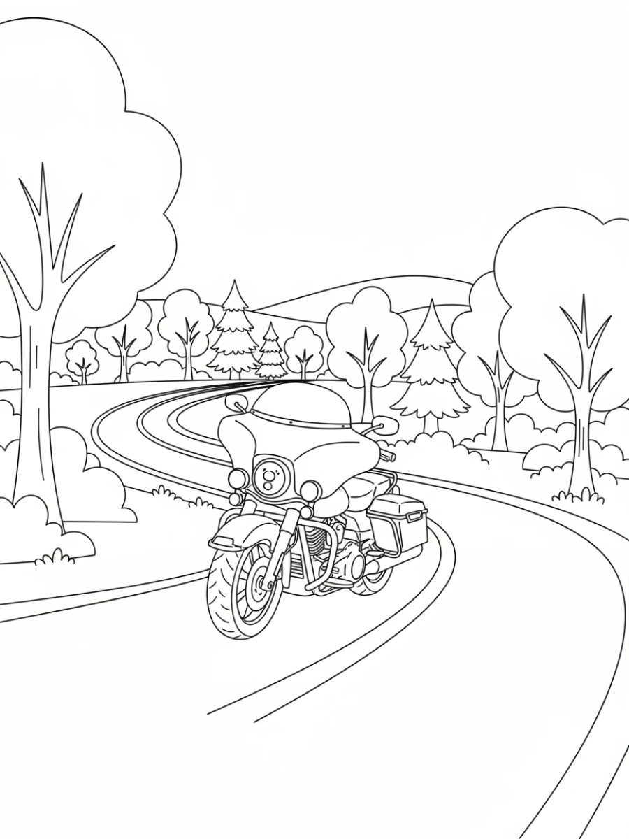 coloriage moto — Moto de tourisme roulant sur une route de campagne sinueuse, avec des arbres.