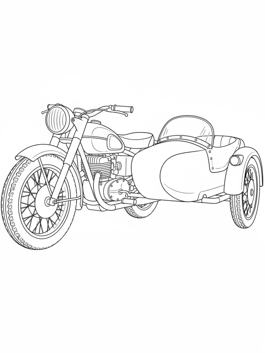 coloriage moto — Une moto ancienne est équipée d'un sidecar sur le côté.