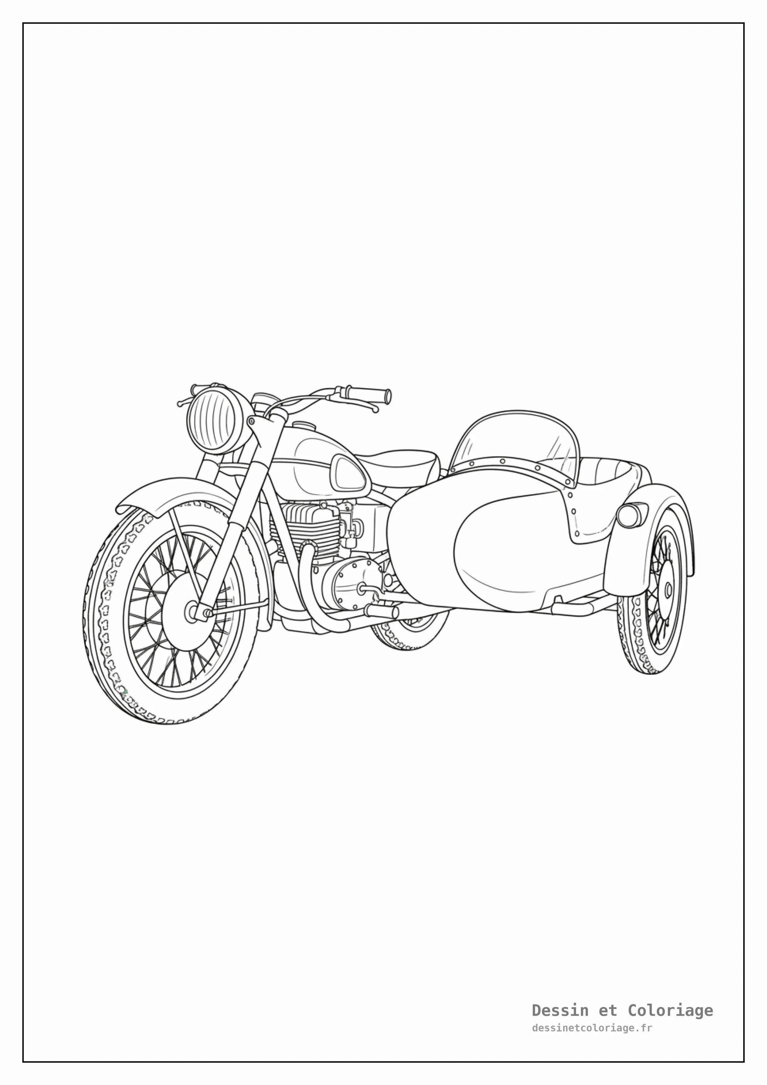 coloriage moto — Une moto ancienne est équipée d'un sidecar sur le côté.