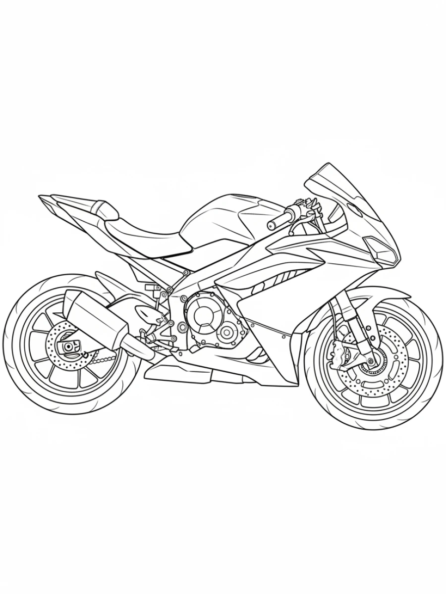coloriage moto — Une moto de course élégante est arrêtée, prête à démarrer.