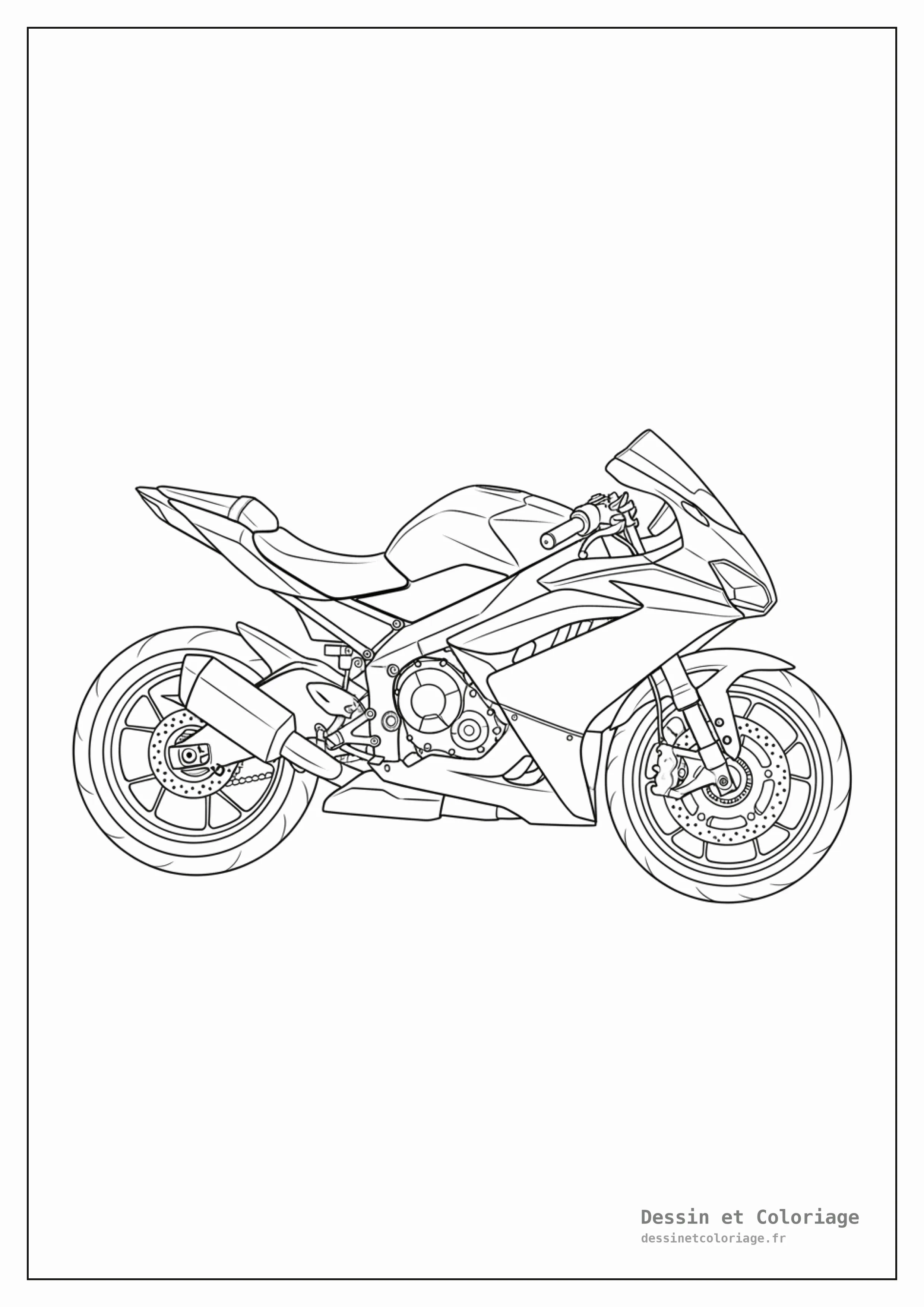 coloriage moto — Une moto de course élégante est arrêtée, prête à démarrer.