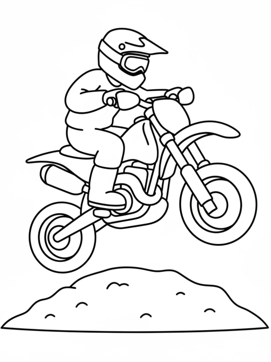 coloriage moto — Une moto de terre saute par-dessus une petite bosse.