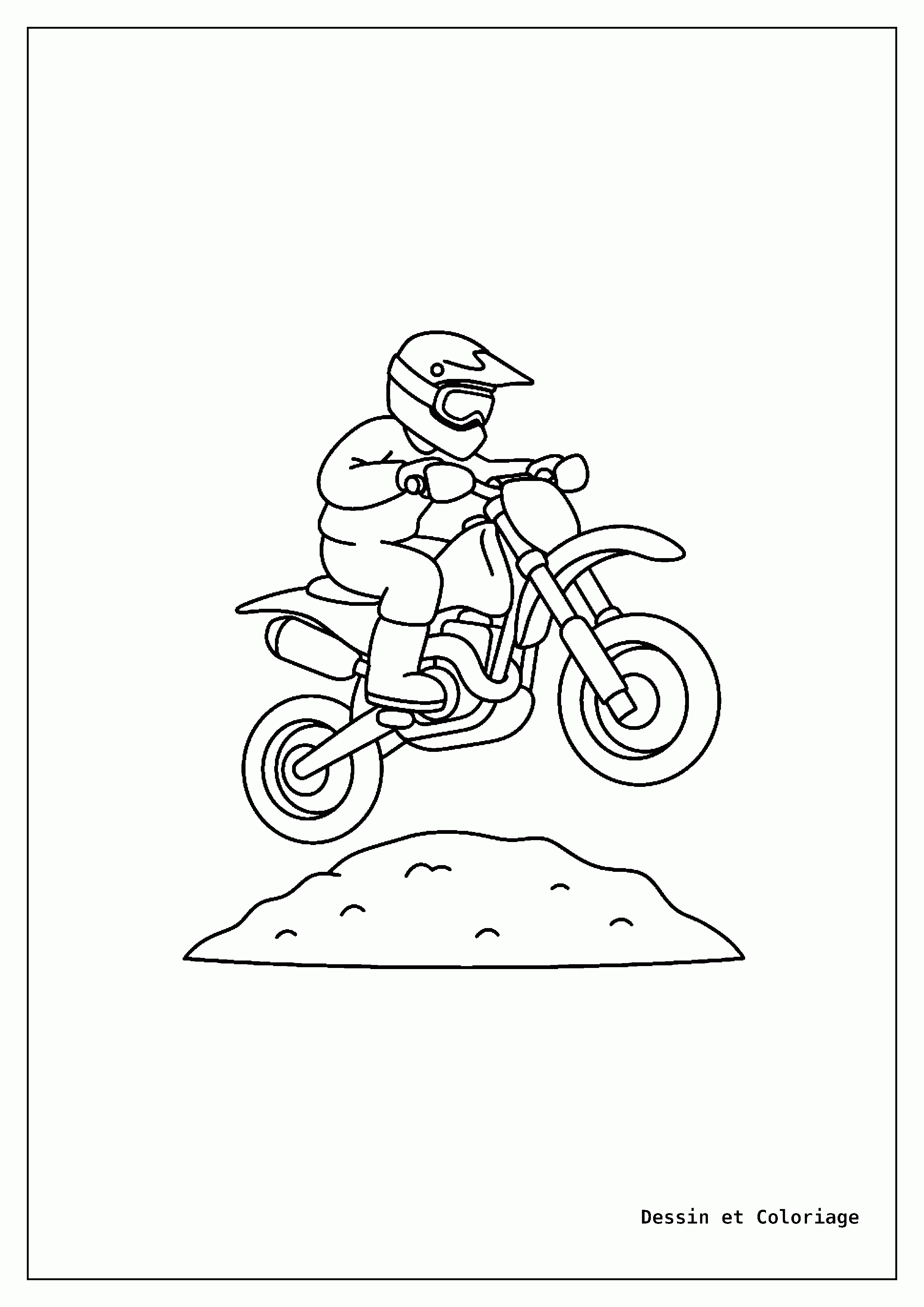 coloriage moto — Une moto de terre saute par-dessus une petite bosse.