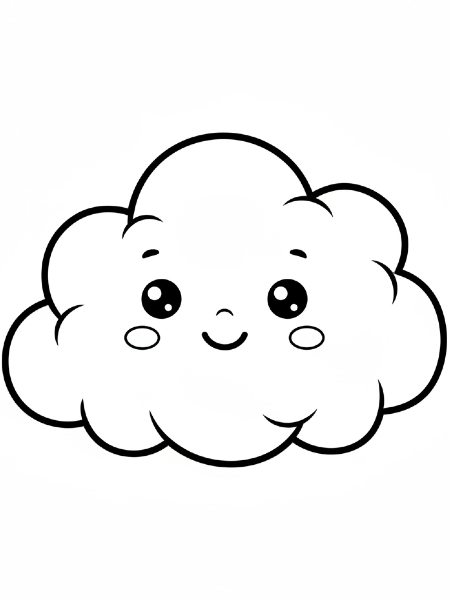 coloriage kawaii facile — Un nuage moelleux avec des joues rosées et un doux sourire, flottant dans le ciel.