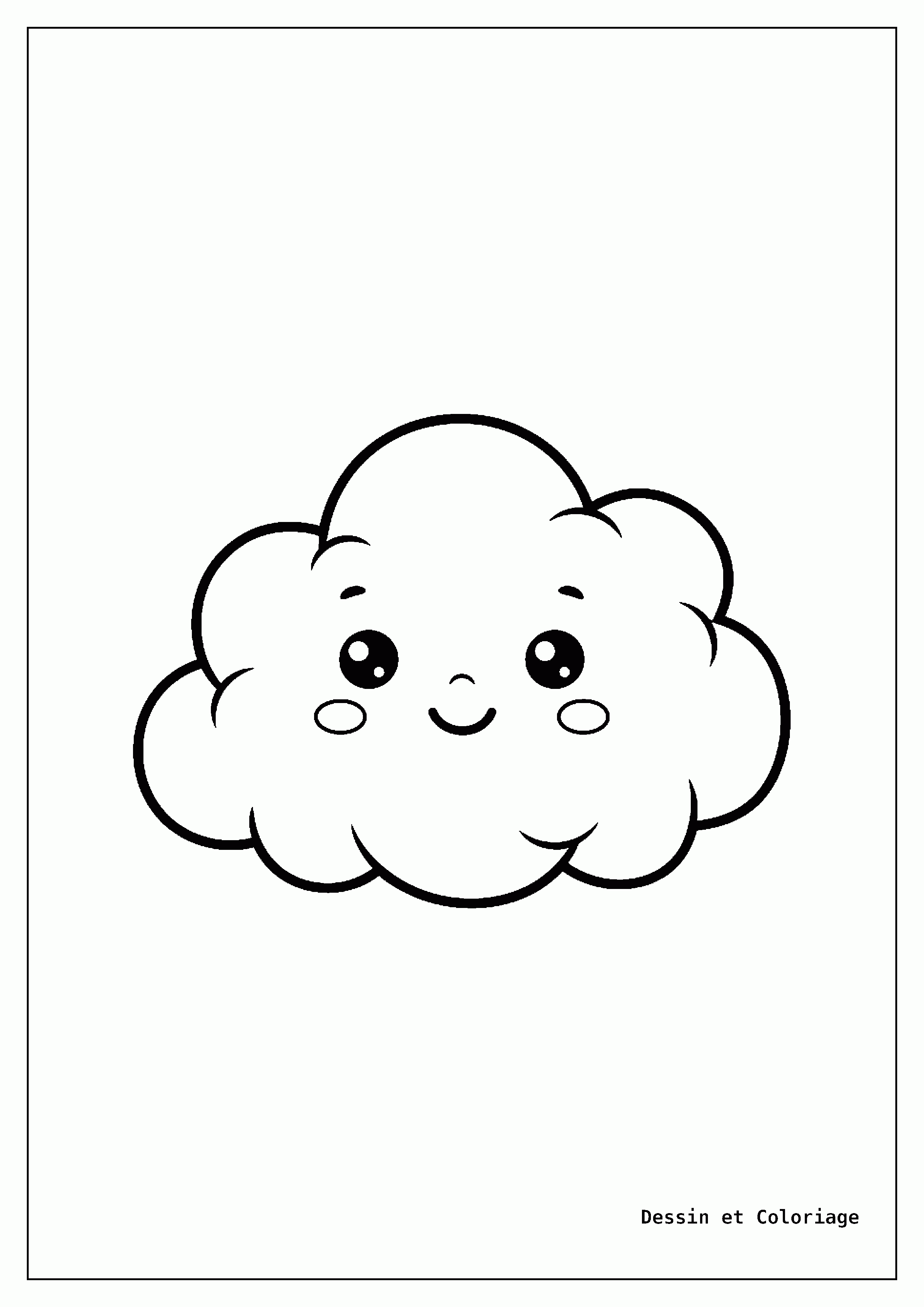 coloriage kawaii facile — Un nuage moelleux avec des joues rosées et un doux sourire, flottant dans le ciel.