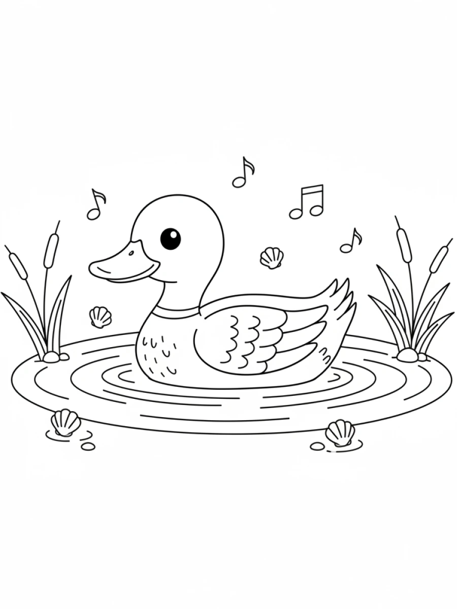 coloriage oiseau — Canard nageant paisiblement dans une mare avec des ondulations légères et des roseaux sur les bords.