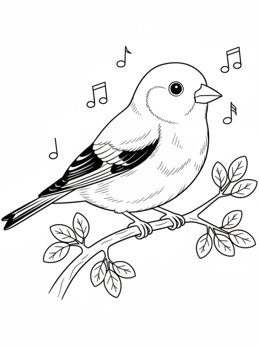 coloriage oiseau — Chardonneret perché sur une branche fine, regardant sur le côté, avec des feuilles délicates.